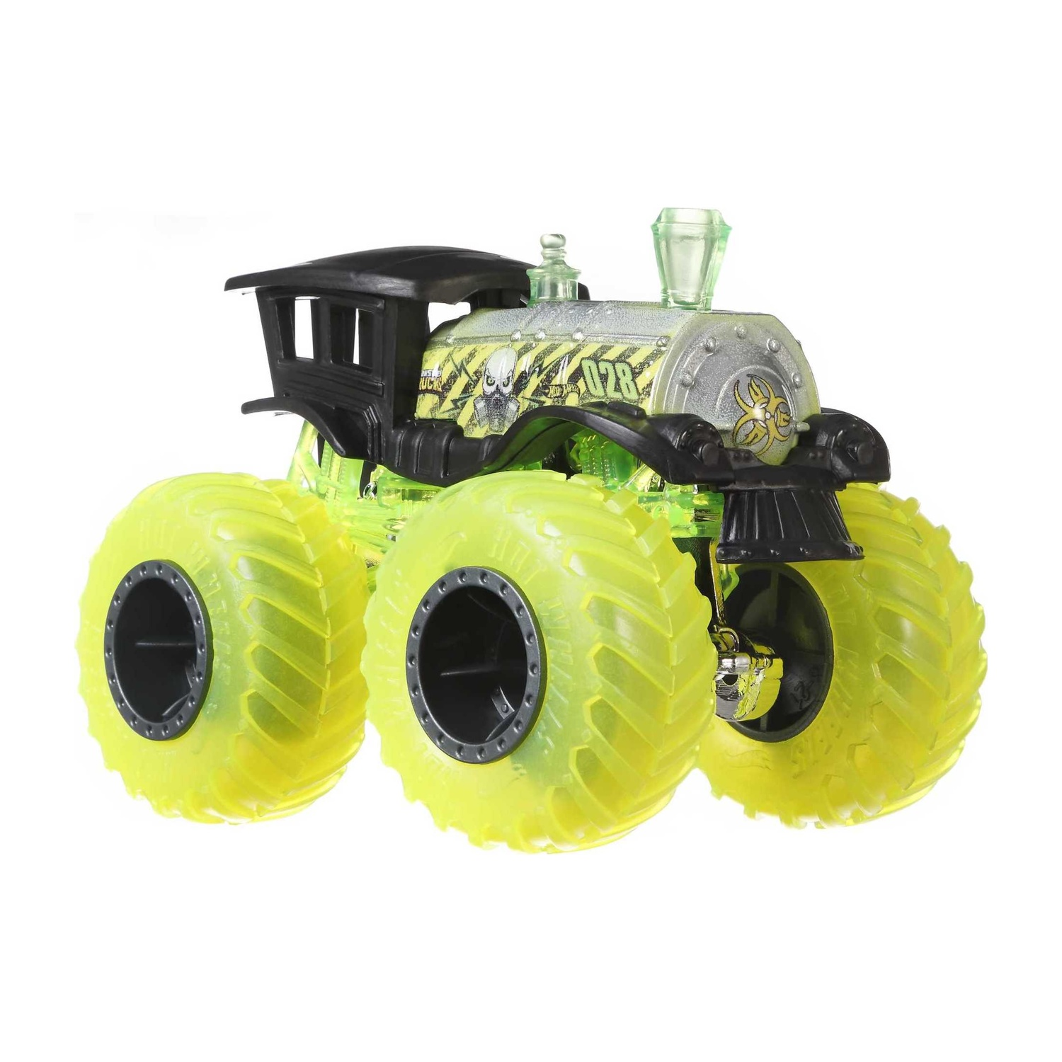 Un monster truck giocattolo con ruote verde neon e cabina nera.