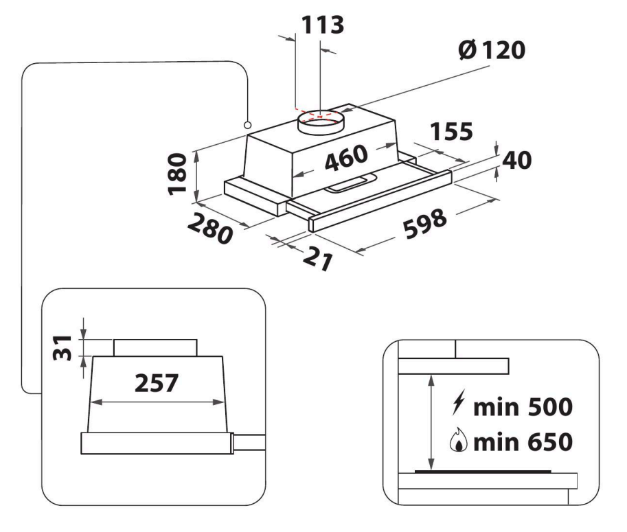 A páraelszívó diagramja milliméterben megadott méretekkel, beleértve a téglalap alakú testet és a kör alakú szakaszt.