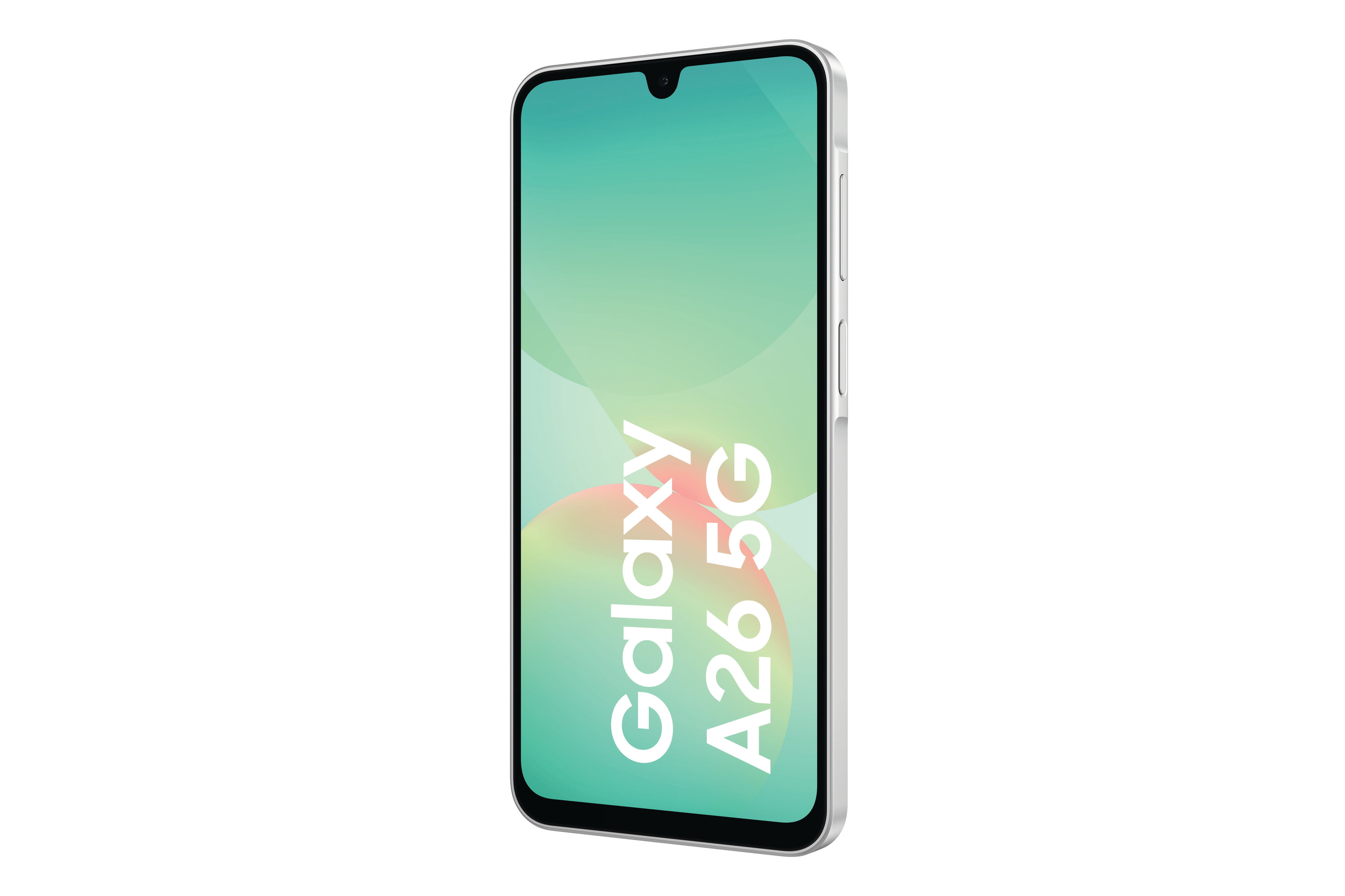 Ein weißes Smartphone mit grünem Bildschirm, der einen Farbverlauf zeigt. Das Telefon trägt den Titel Galaxy A26 5G.