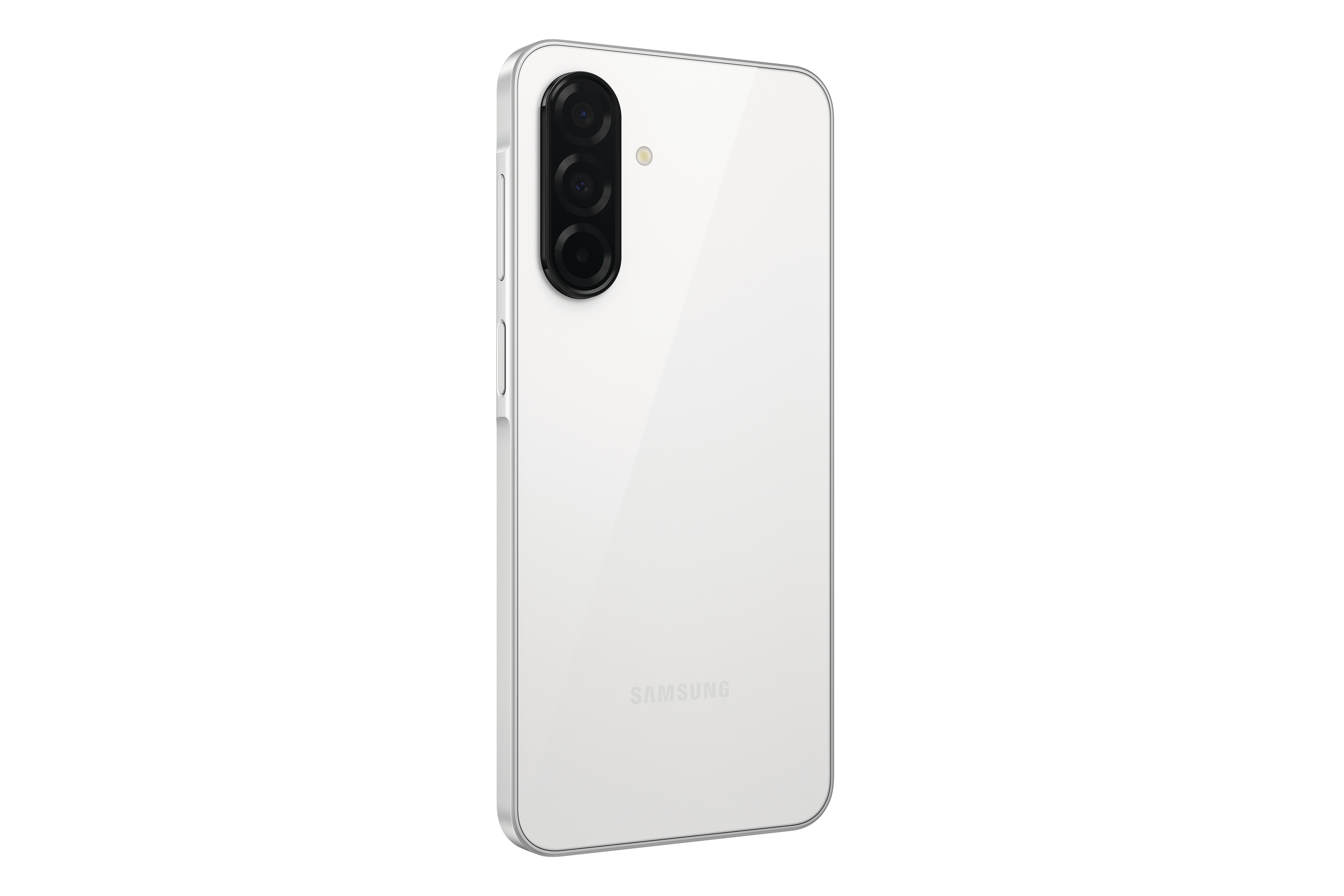 Ein weißes Smartphone, Rückansicht, mit einer Kameraanordnung. Das Samsung-Logo ist sichtbar.