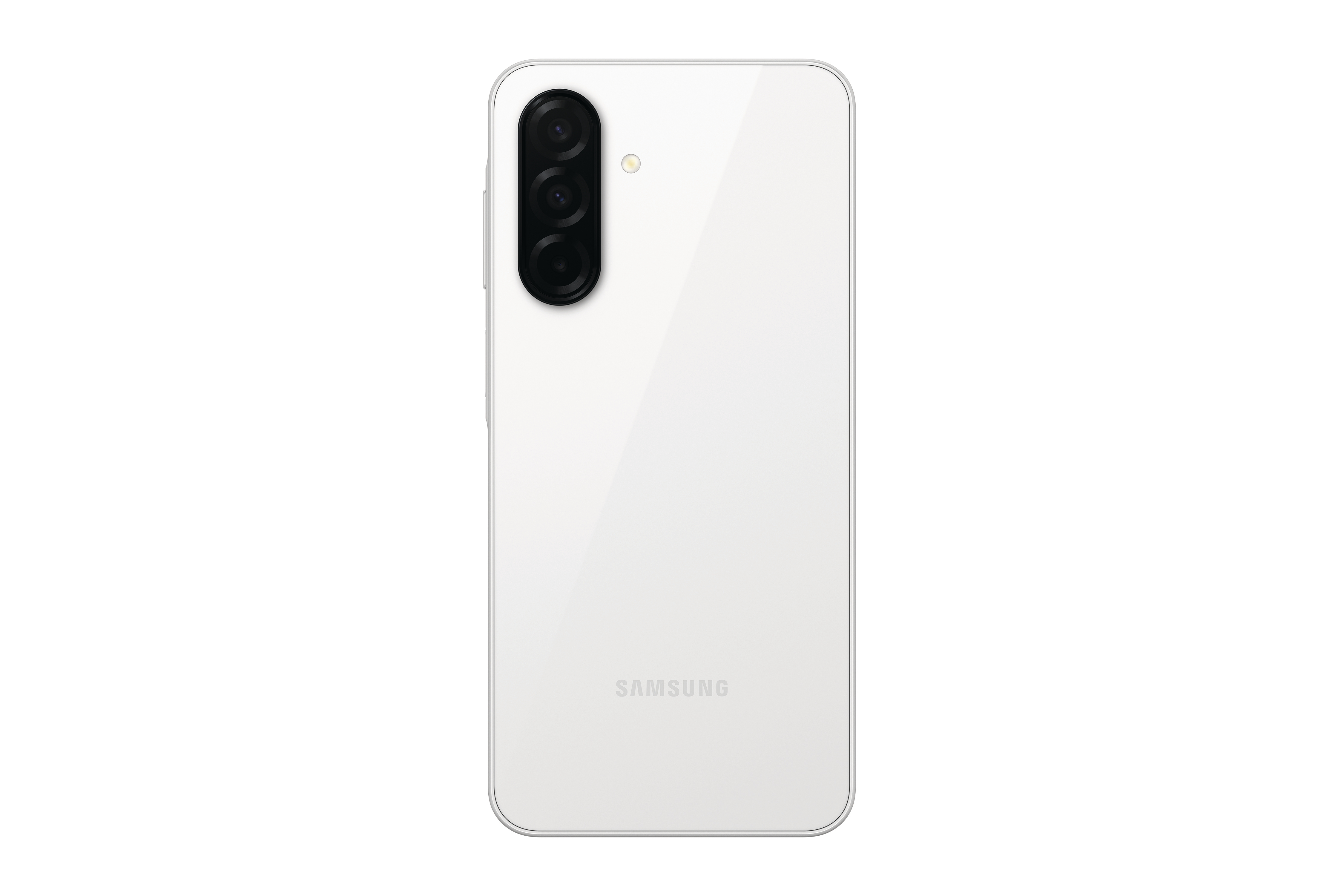 Ein weißes Samsung-Handy mit drei Rückkameras.