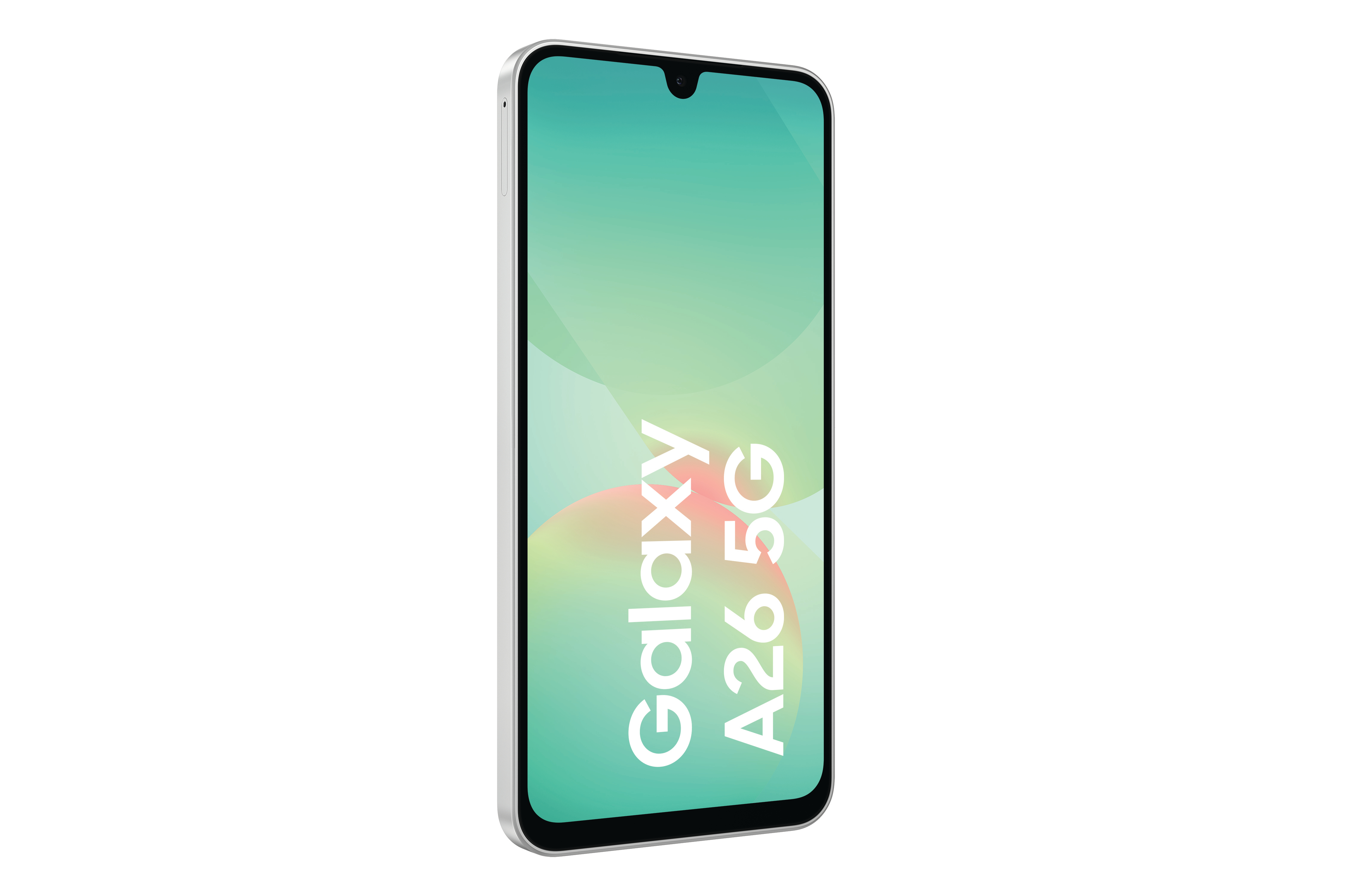 Ein Smartphone zeigt einen Farbverlauf-Hintergrund mit dem Galaxy A26 5G Logo.