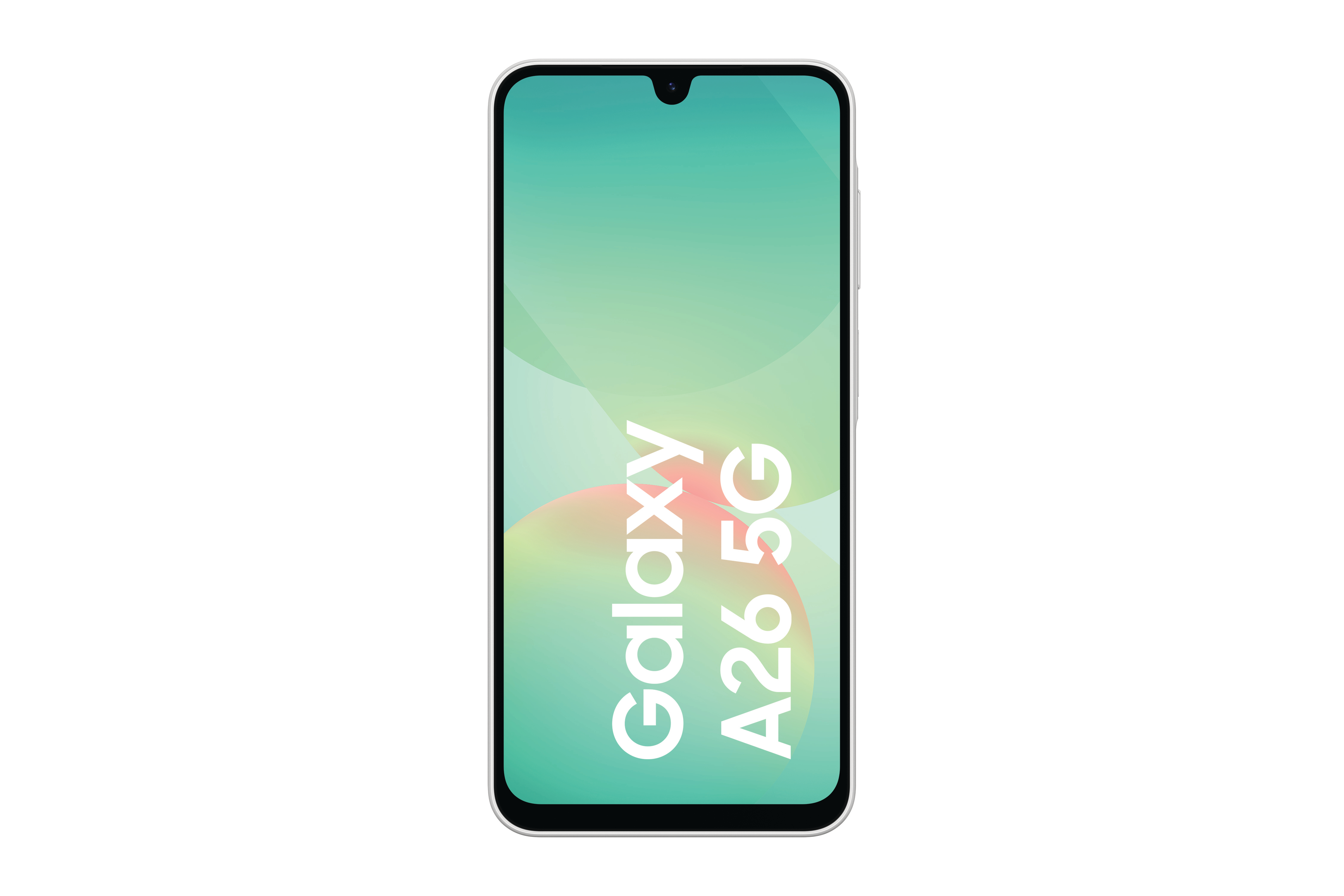 Ein weiß gerahmtes Samsung Galaxy A26 5G-Telefon mit grünem und weißem Farbverlauf.