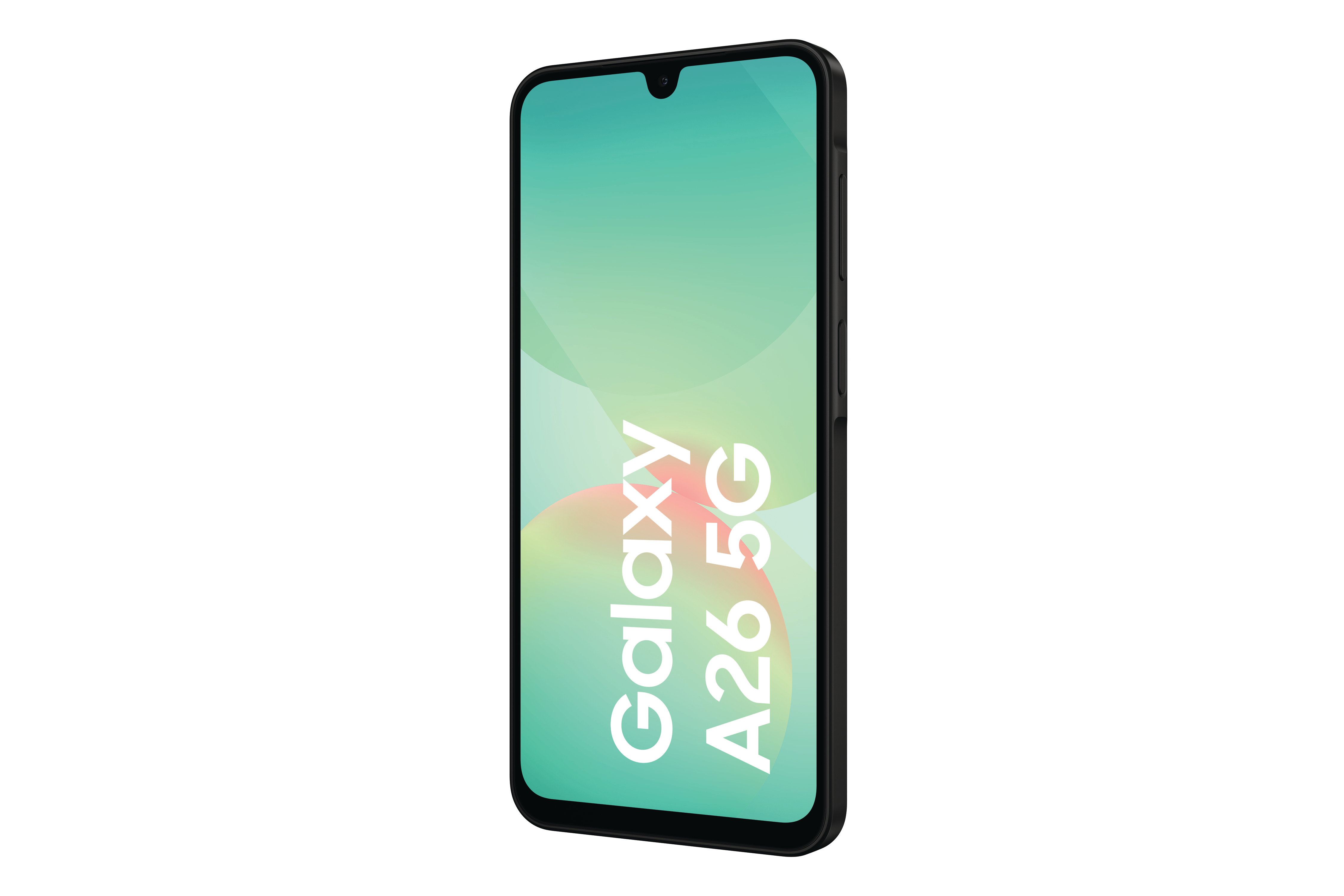 Ein schwarzes Samsung Galaxy A26 5G-Telefon, Vorderansicht, mit grün-weißem Hintergrund.