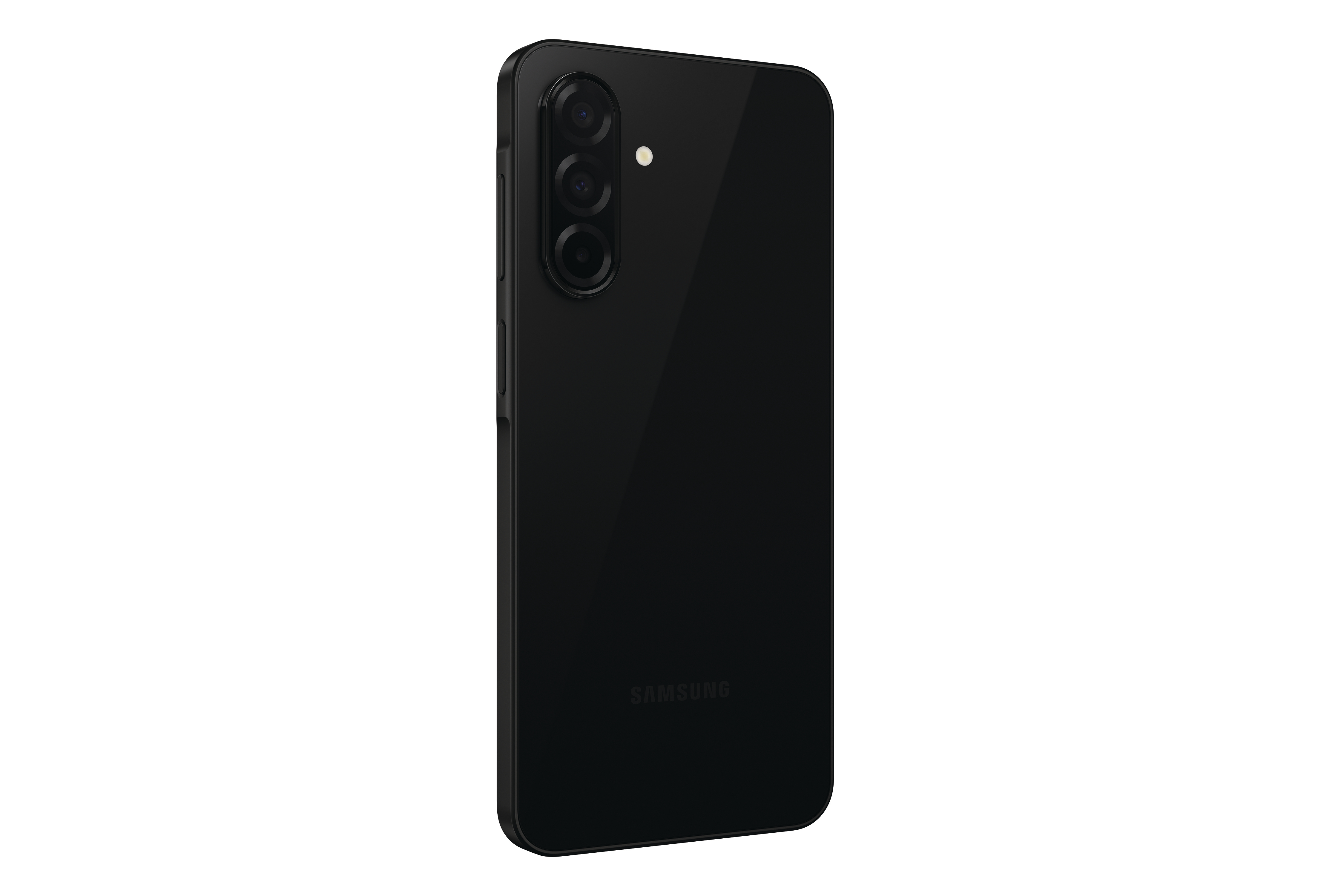 Ein schwarzes Smartphone, Rückansicht, mit einer Kameraanordnung. Das Samsung-Logo ist sichtbar.