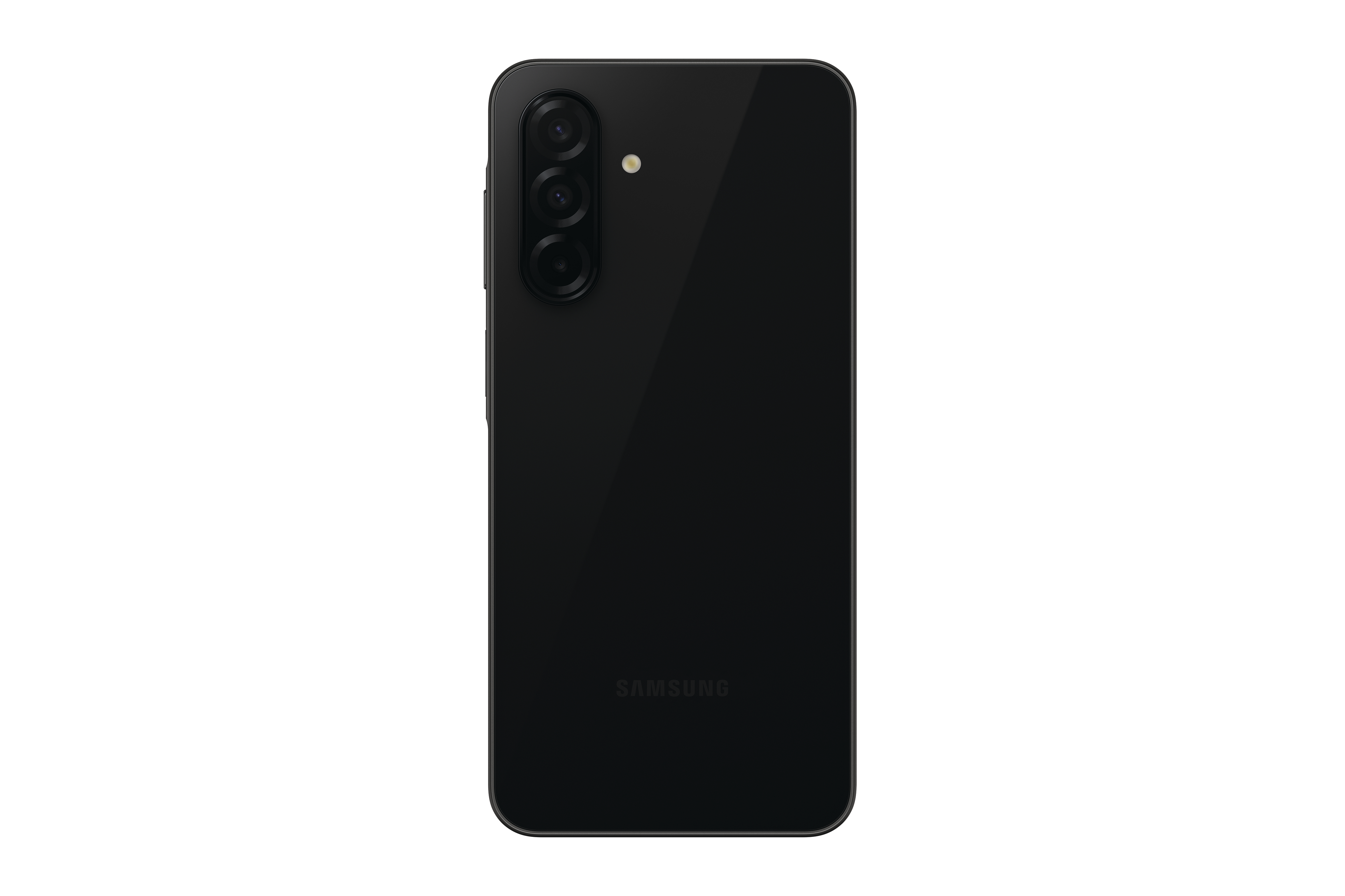 Schwarzes Samsung-Smartphone, Rückansicht. Drei Kameras, Samsung-Logo. Glänzende Oberfläche.