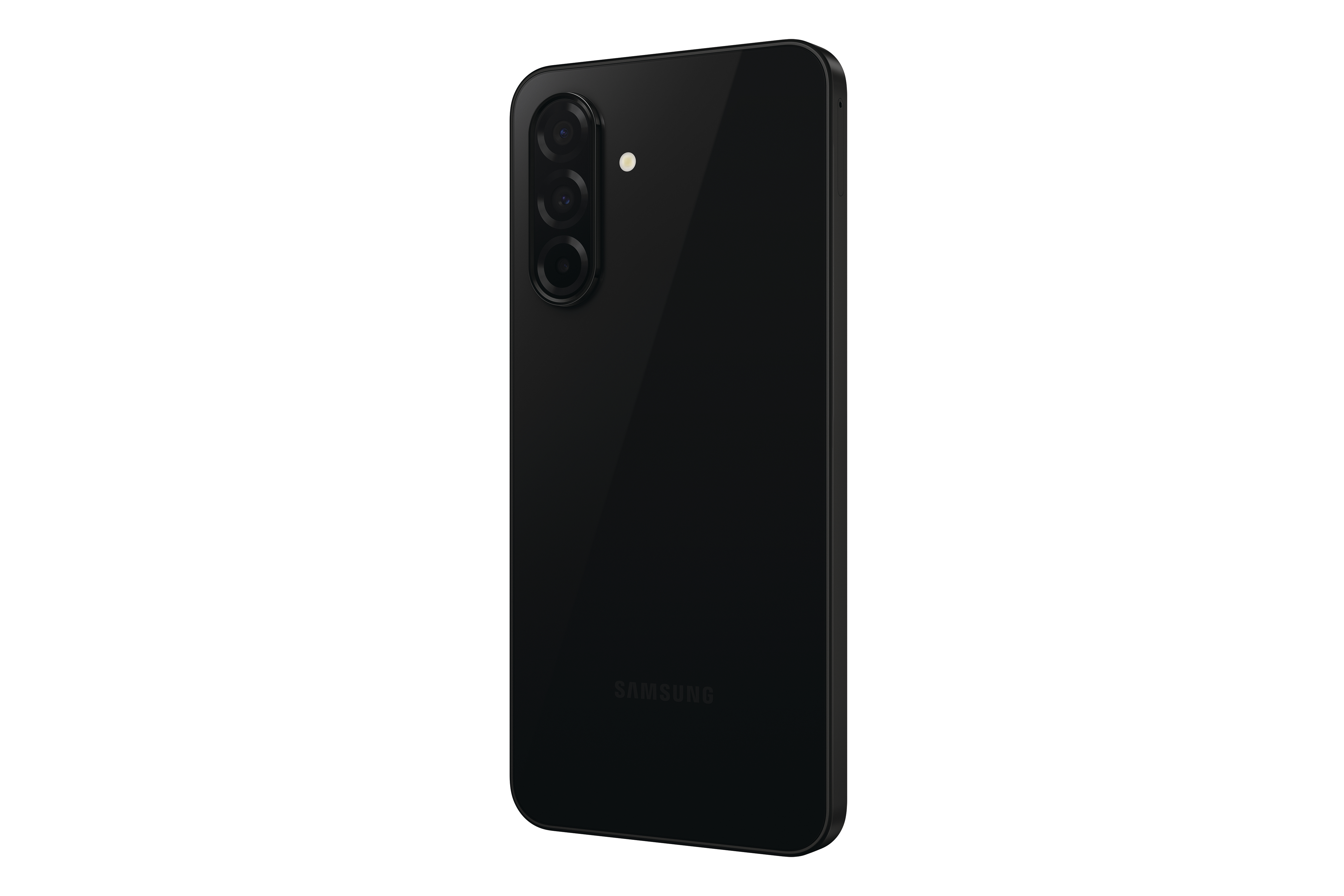 Schwarzes Smartphone, Rückansicht, mit drei Kameras und dem Samsung-Logo.