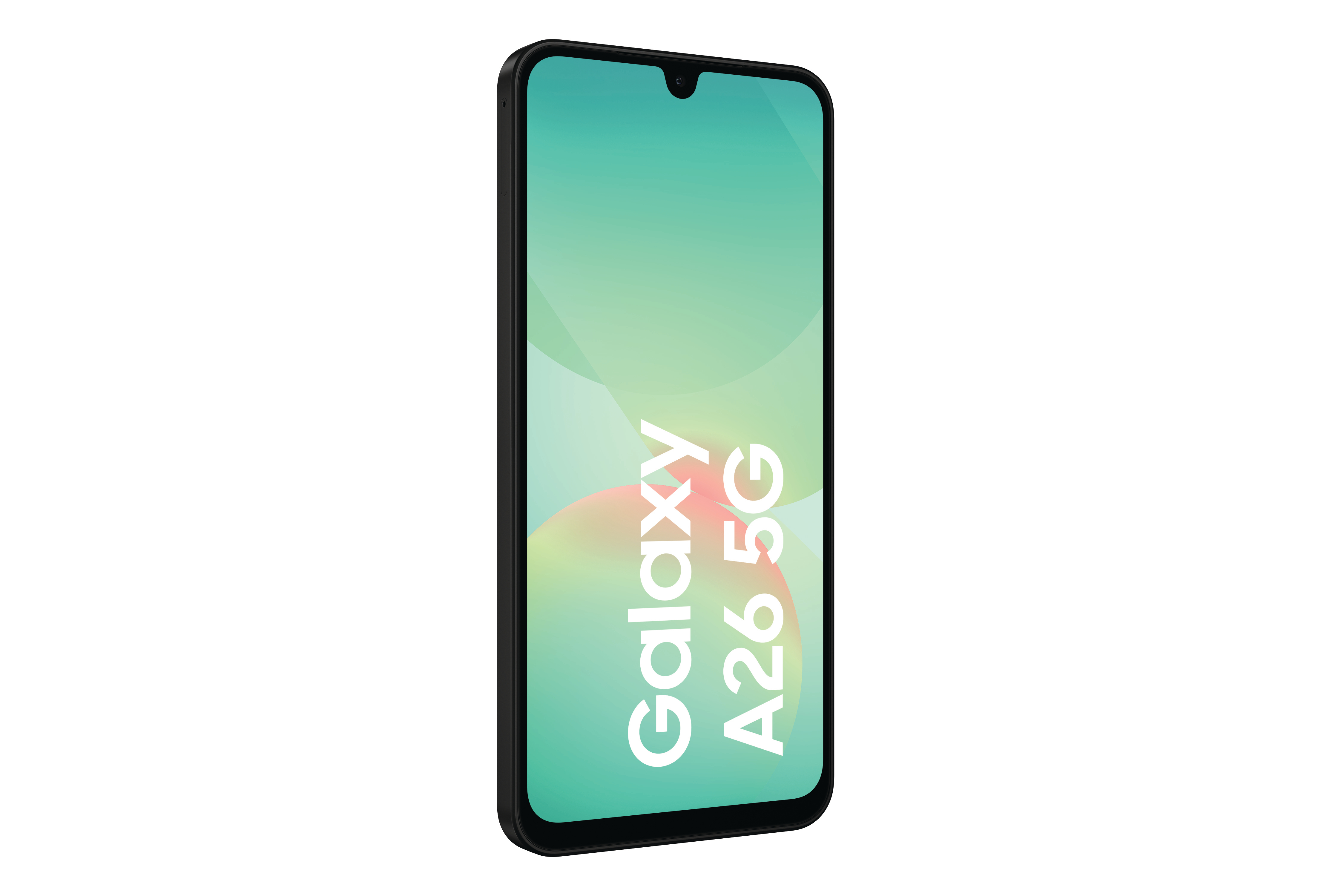 Schwarzes Smartphone mit grünem Bildschirm, der Text anzeigt. Das Telefon hat die Worte Galaxy A26 5G.