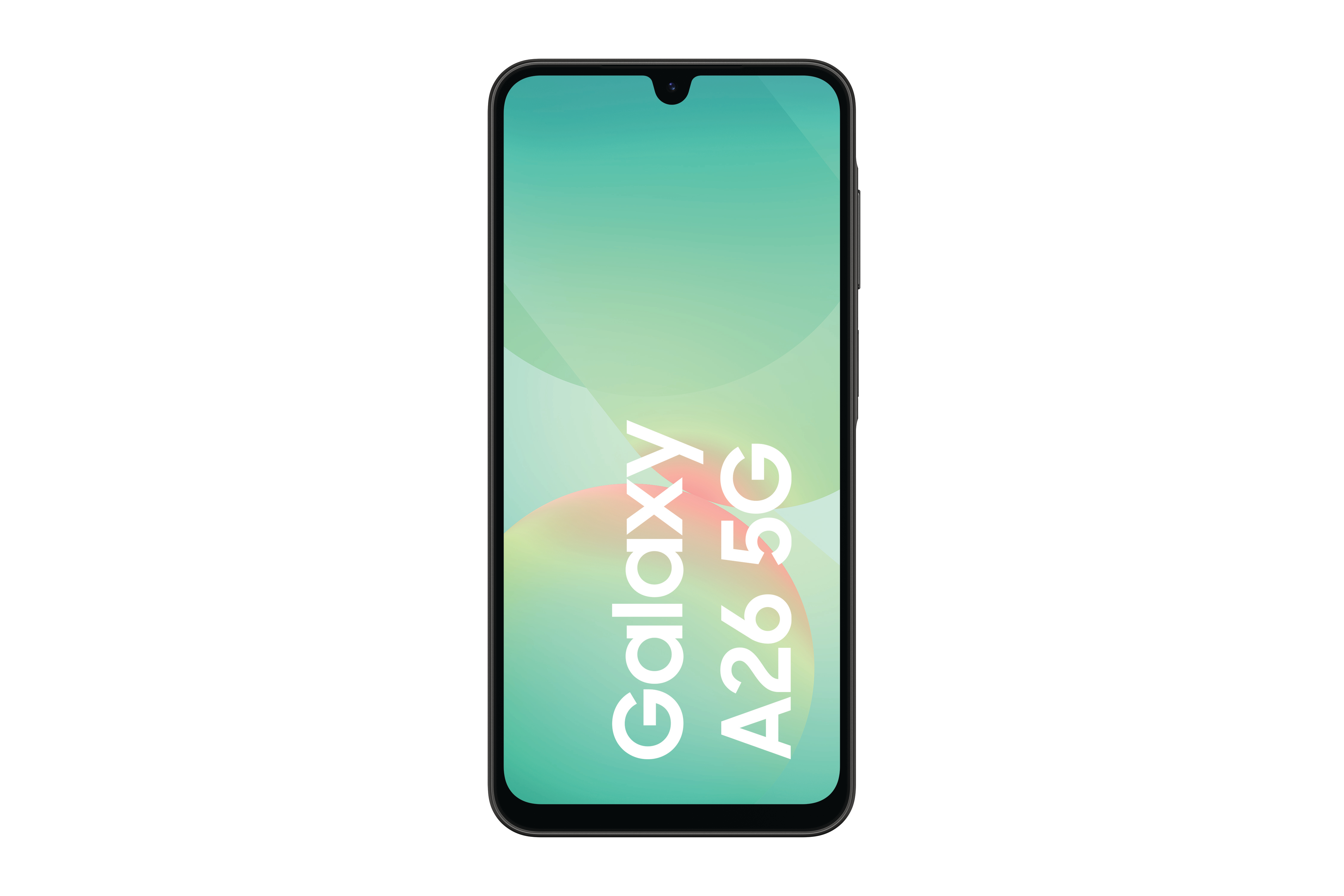 Ein schwarzes Smartphone mit den Worten 'Galaxy A26 5G' in weißem Text auf dem Bildschirm.