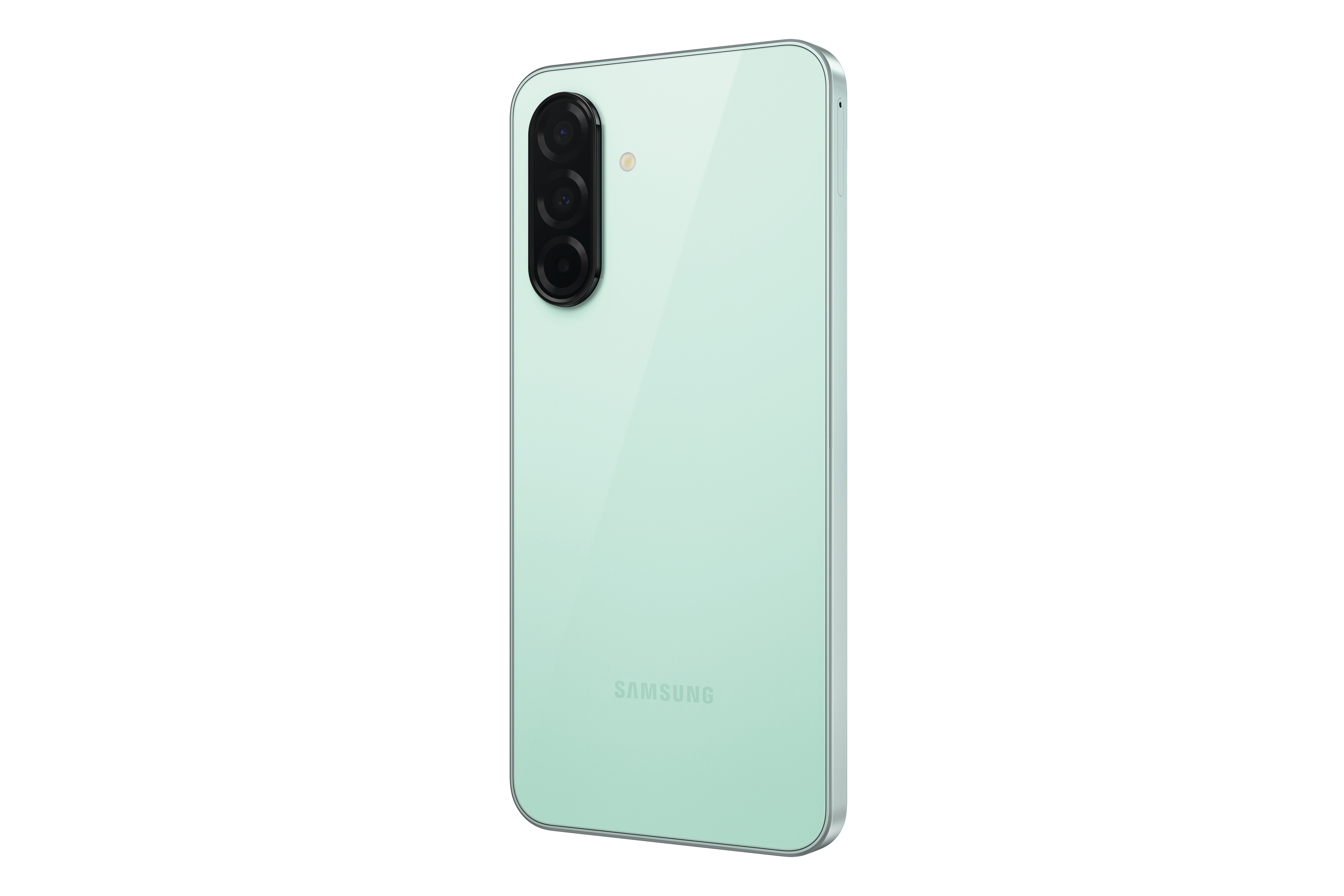 Ein mintgrünes Samsung-Handy von hinten, mit Dreifachkamera und schlankem Design.