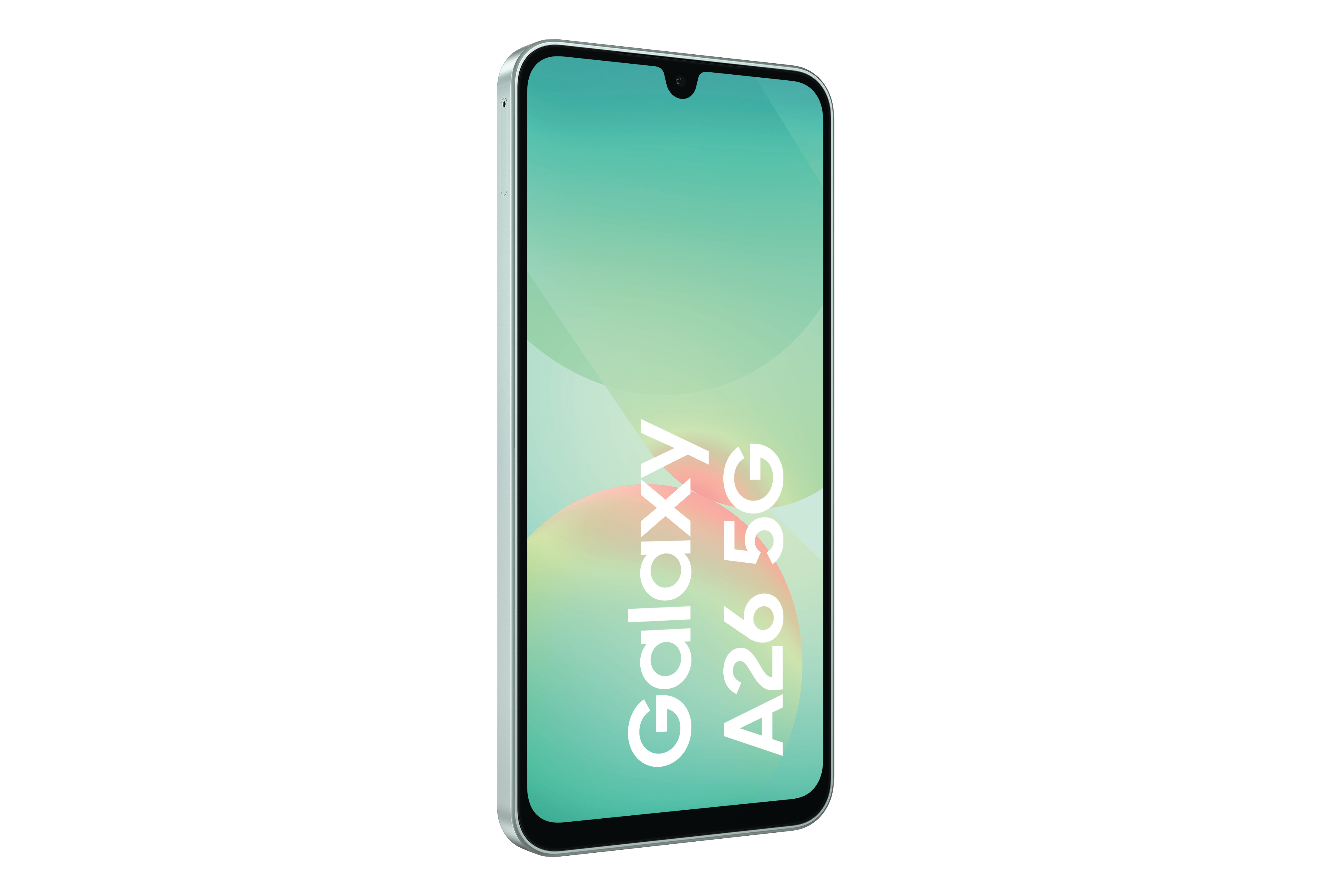 Samsung Galaxy A26 5G-Handy, silberner Rahmen, Bildschirm mit Farbverlauf und Text Galaxy A26 5G.