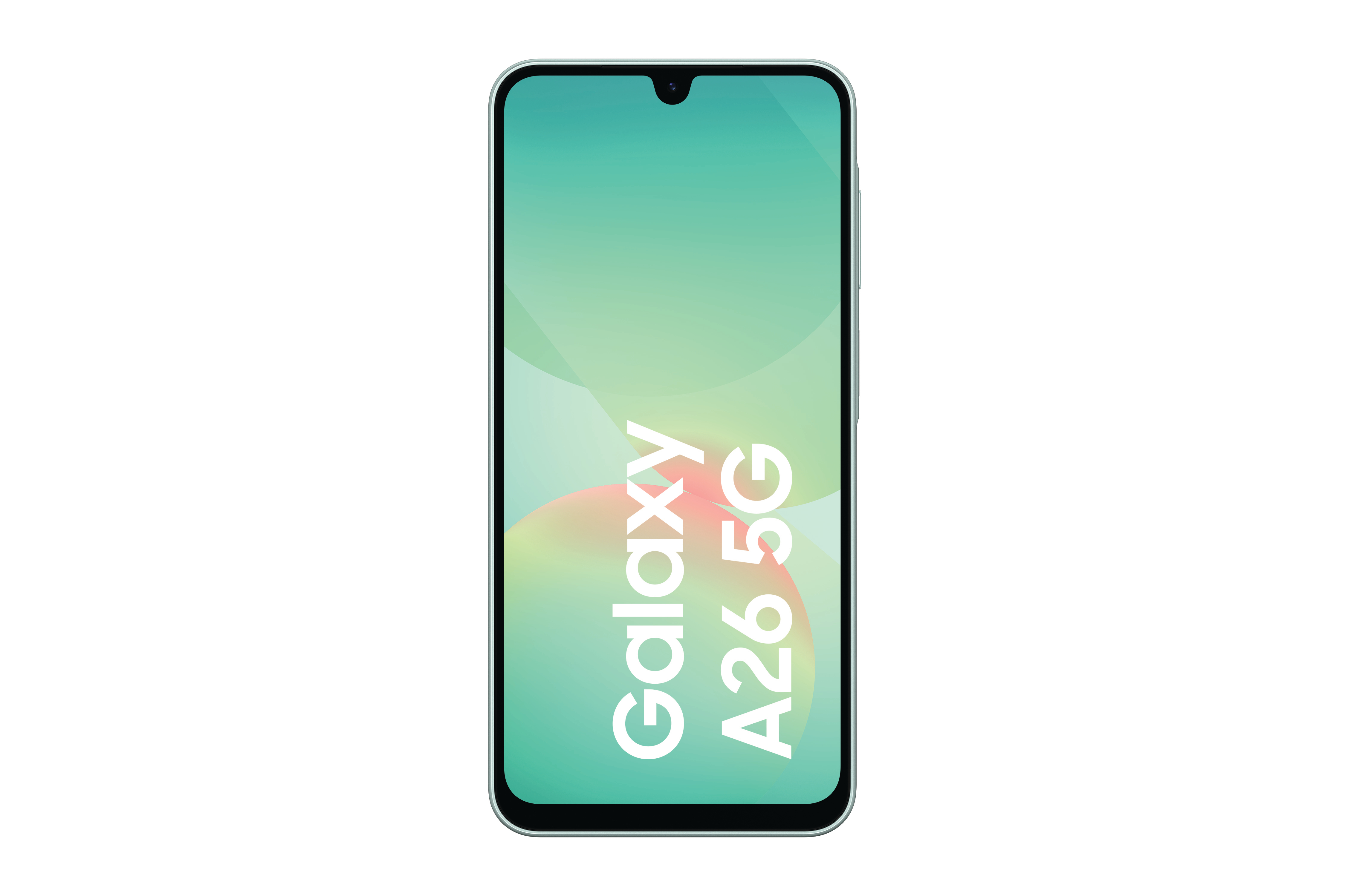 Samsung Galaxy A26 5G Smartphone, grüner Bildschirm mit weißem Text. Weißer Hintergrund.