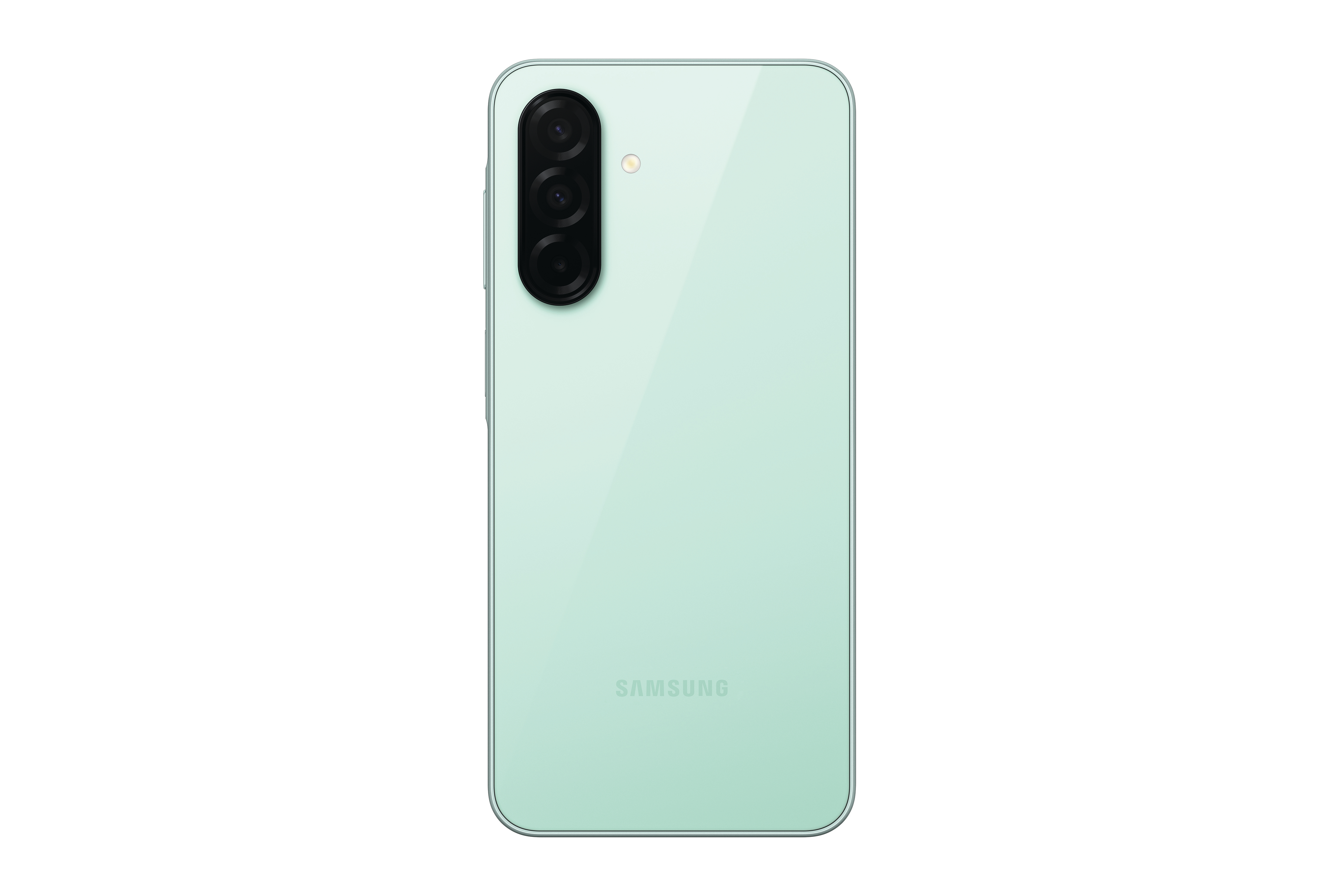 Minzgrüne Samsung-Telefonrückansicht, Kamera oben, Samsung-Logo unten.