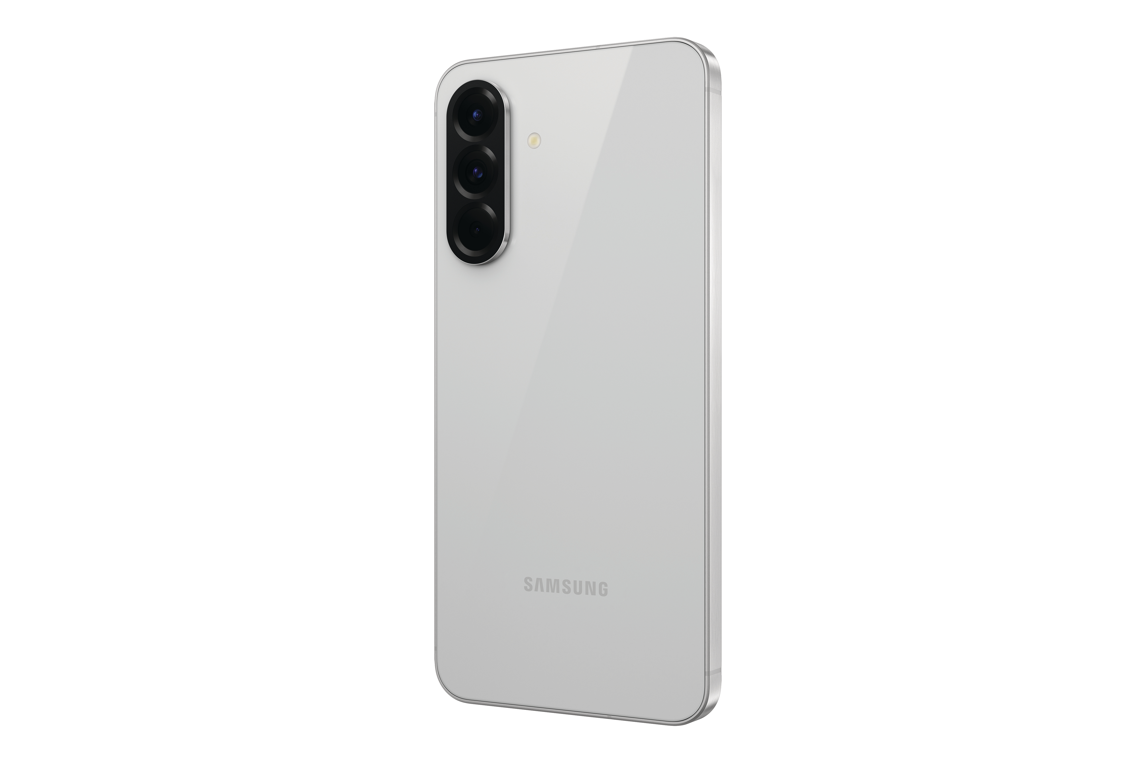 Ein weißes Smartphone, Rückansicht, mit drei Kameras.