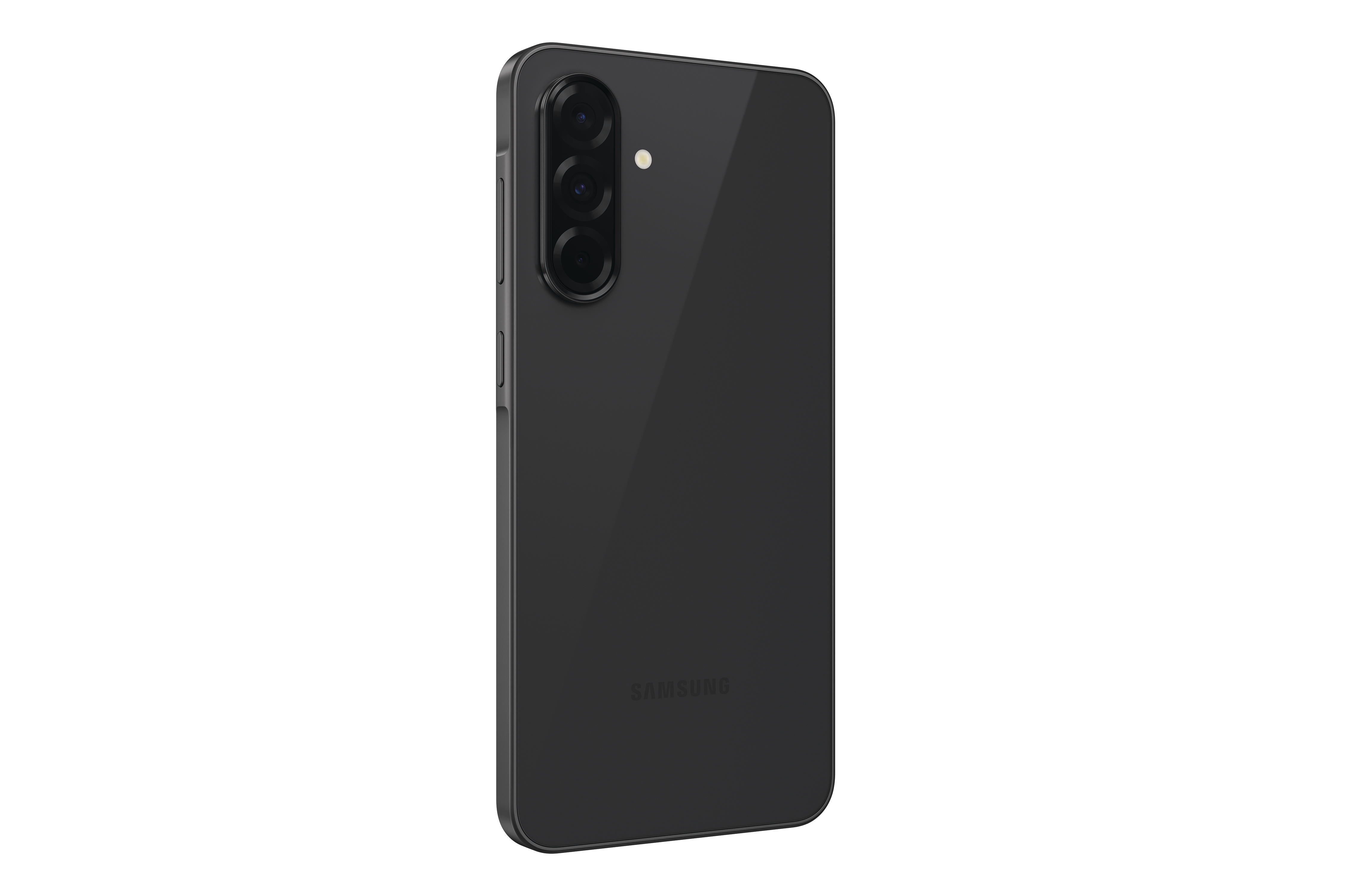 Eine Rückansicht eines schwarzen Samsung-Telefons mit drei Kameras.