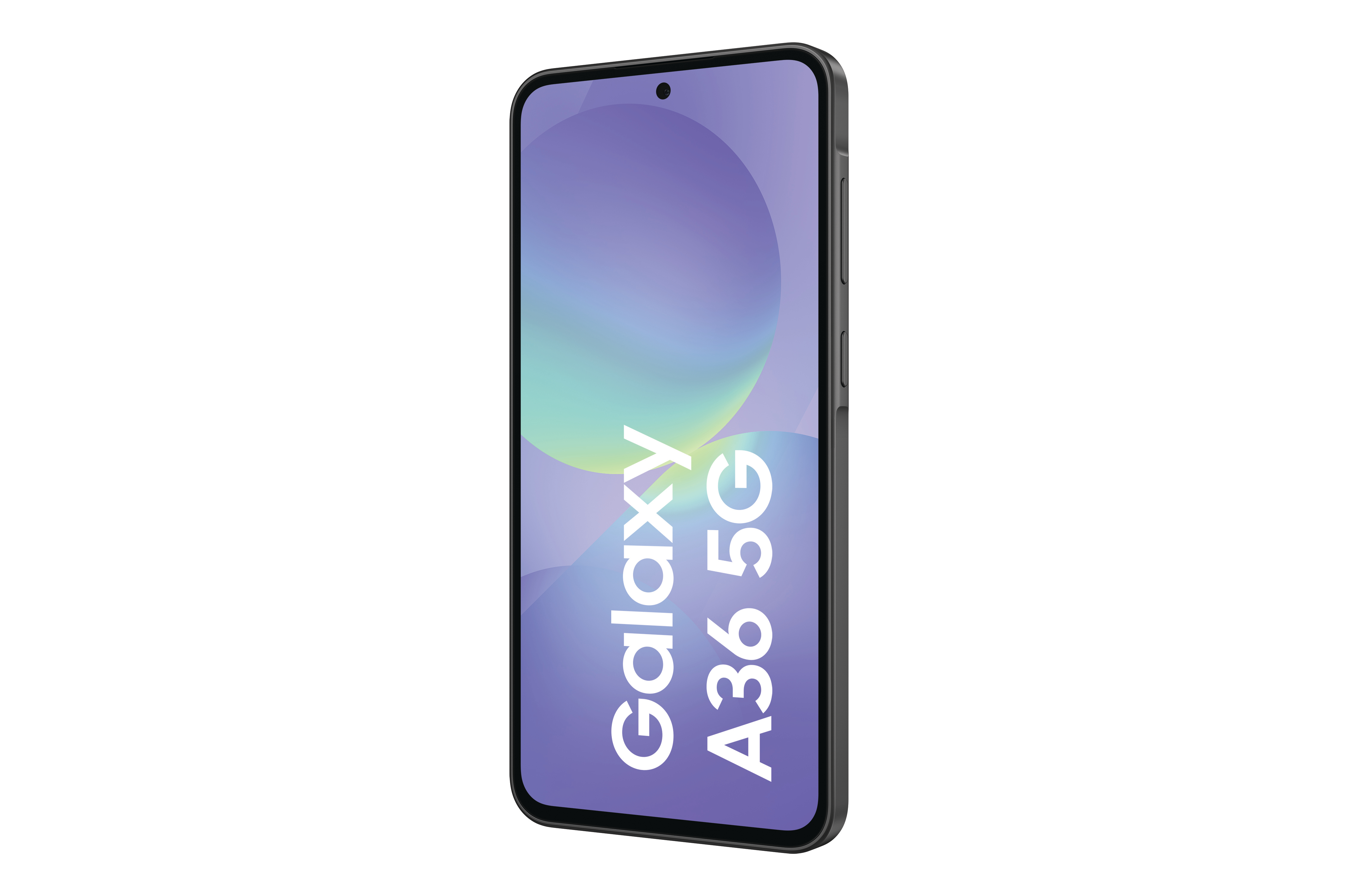 Ein schwarzes Samsung Galaxy A36 5G Mobiltelefon mit einem lila Bildschirm, der den Markennamen zeigt.