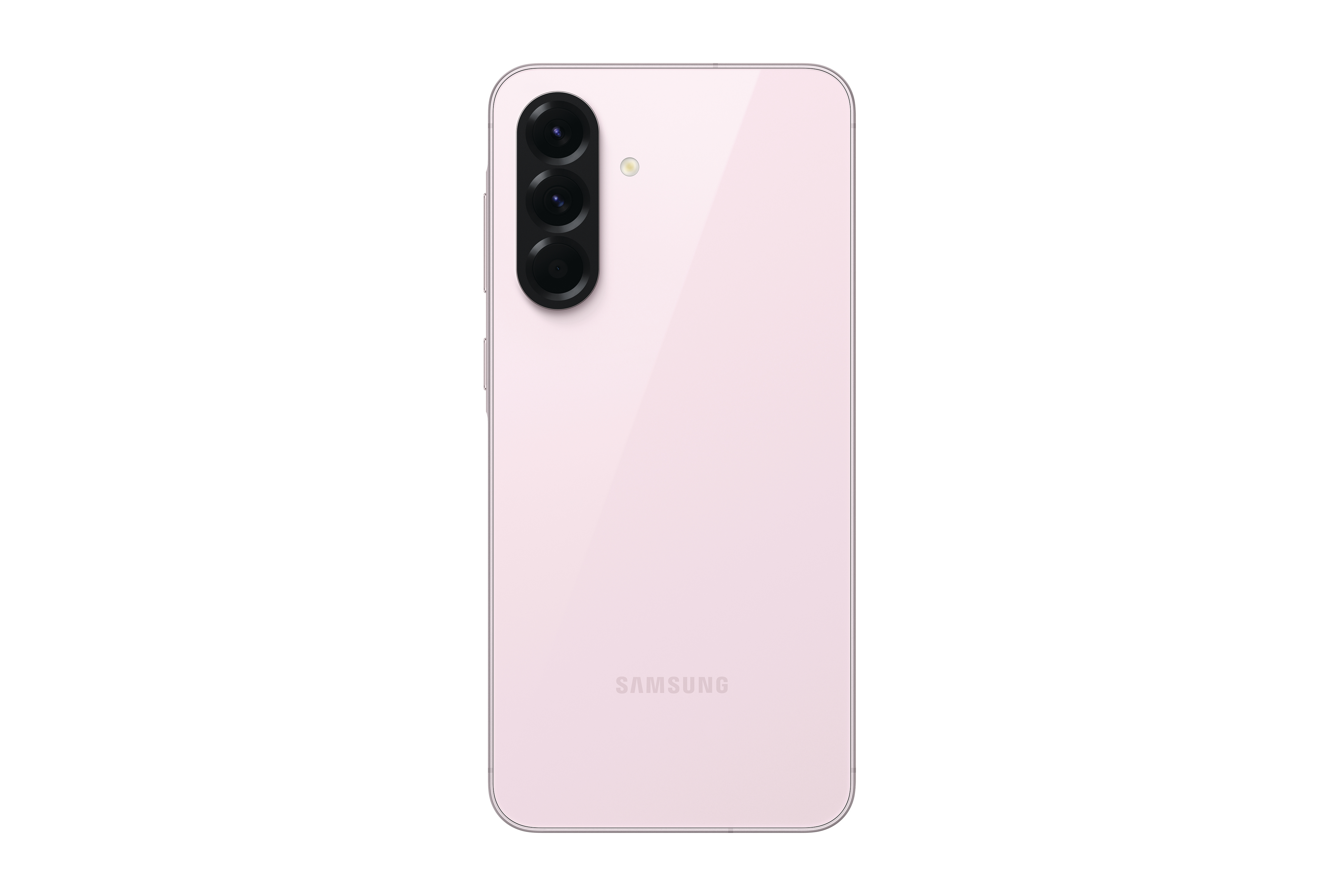 Rosa Samsung-Handy von hinten, mit Dreifachkamera und Samsung-Logo.