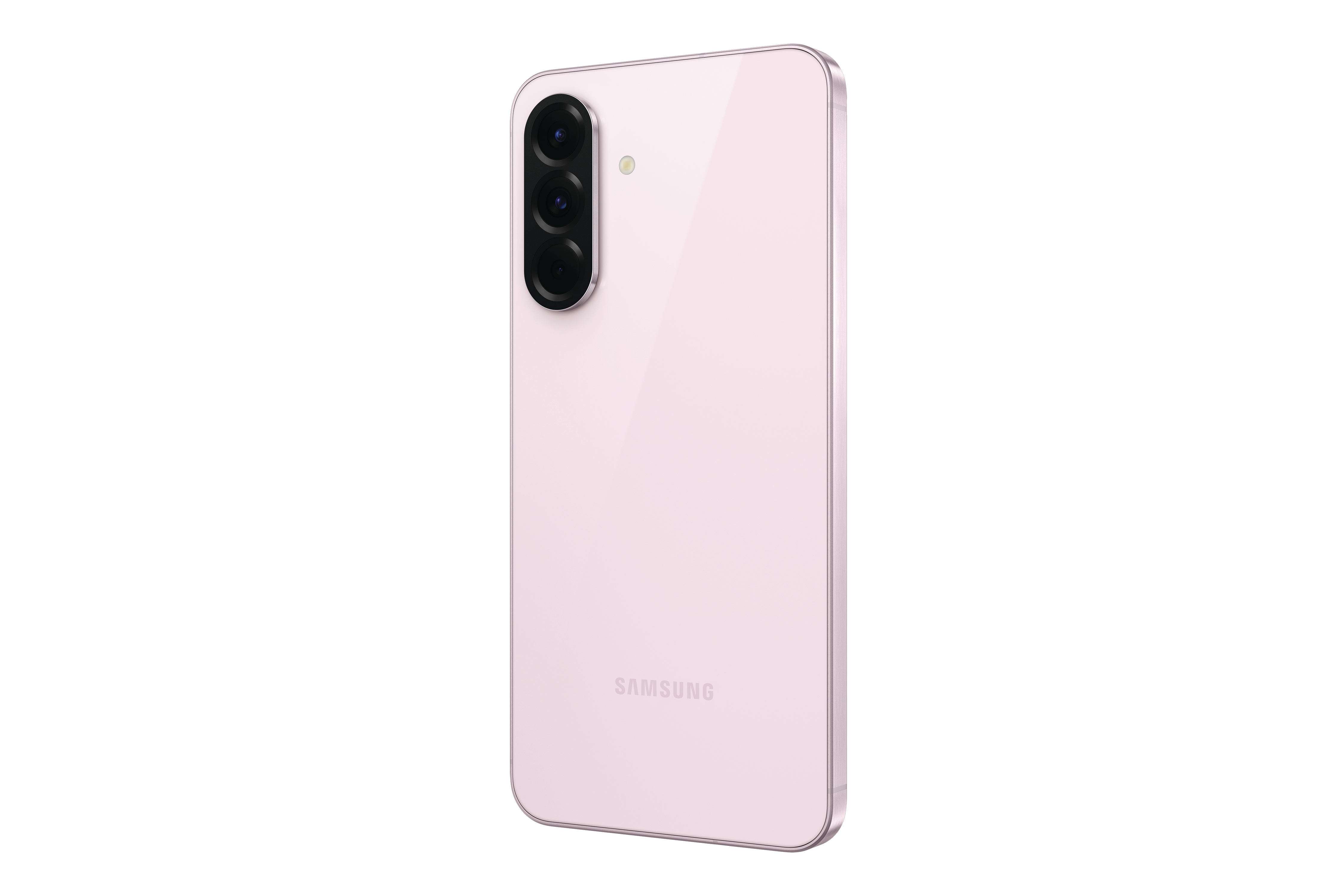 Rosa Samsung-Telefonrückansicht. Kamera oben, Samsung-Logo unten. Weißer Hintergrund.