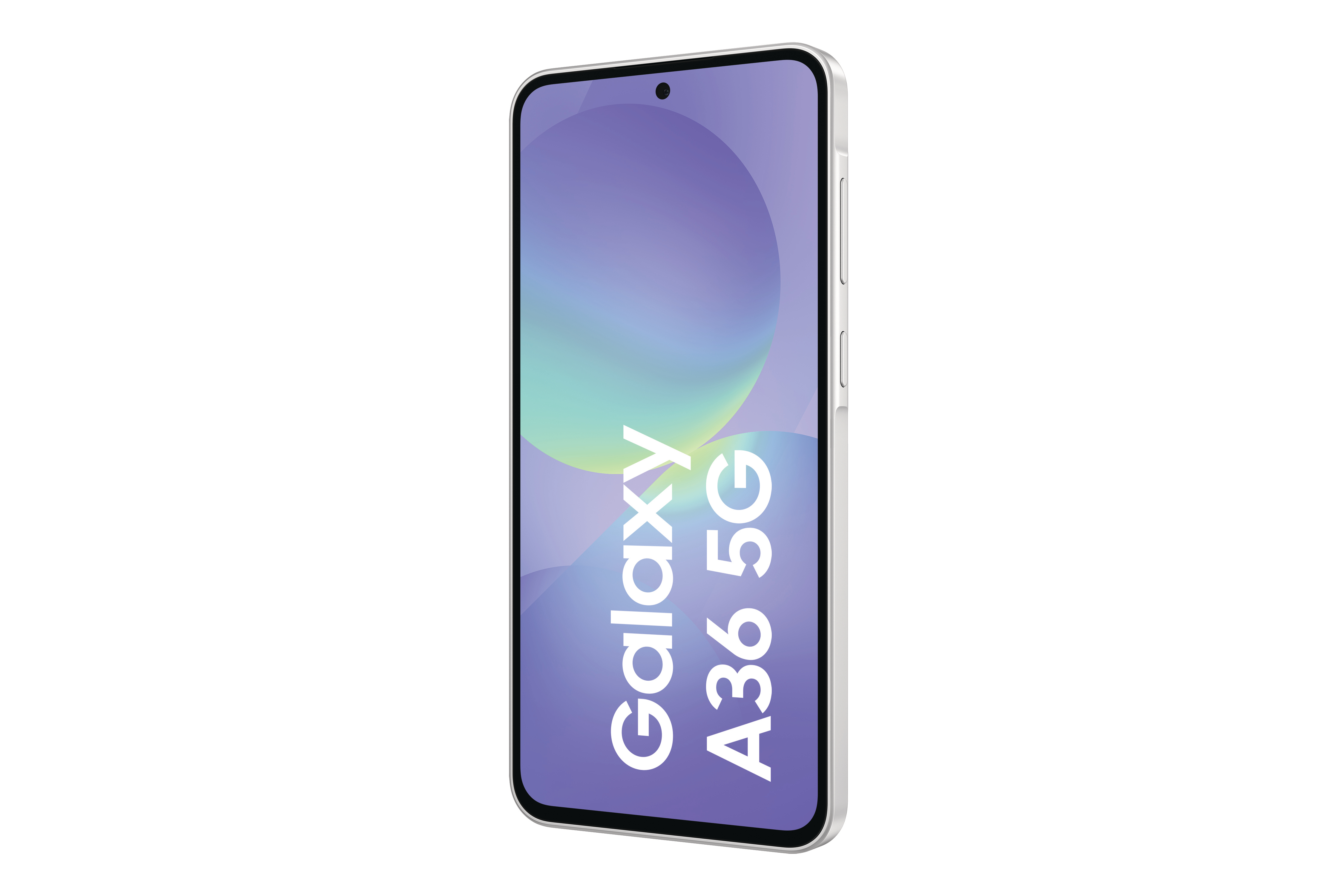 Samsung Galaxy A36 5G-Handy, silberner Rahmen, Bildschirm mit Farbverlauf und Text.