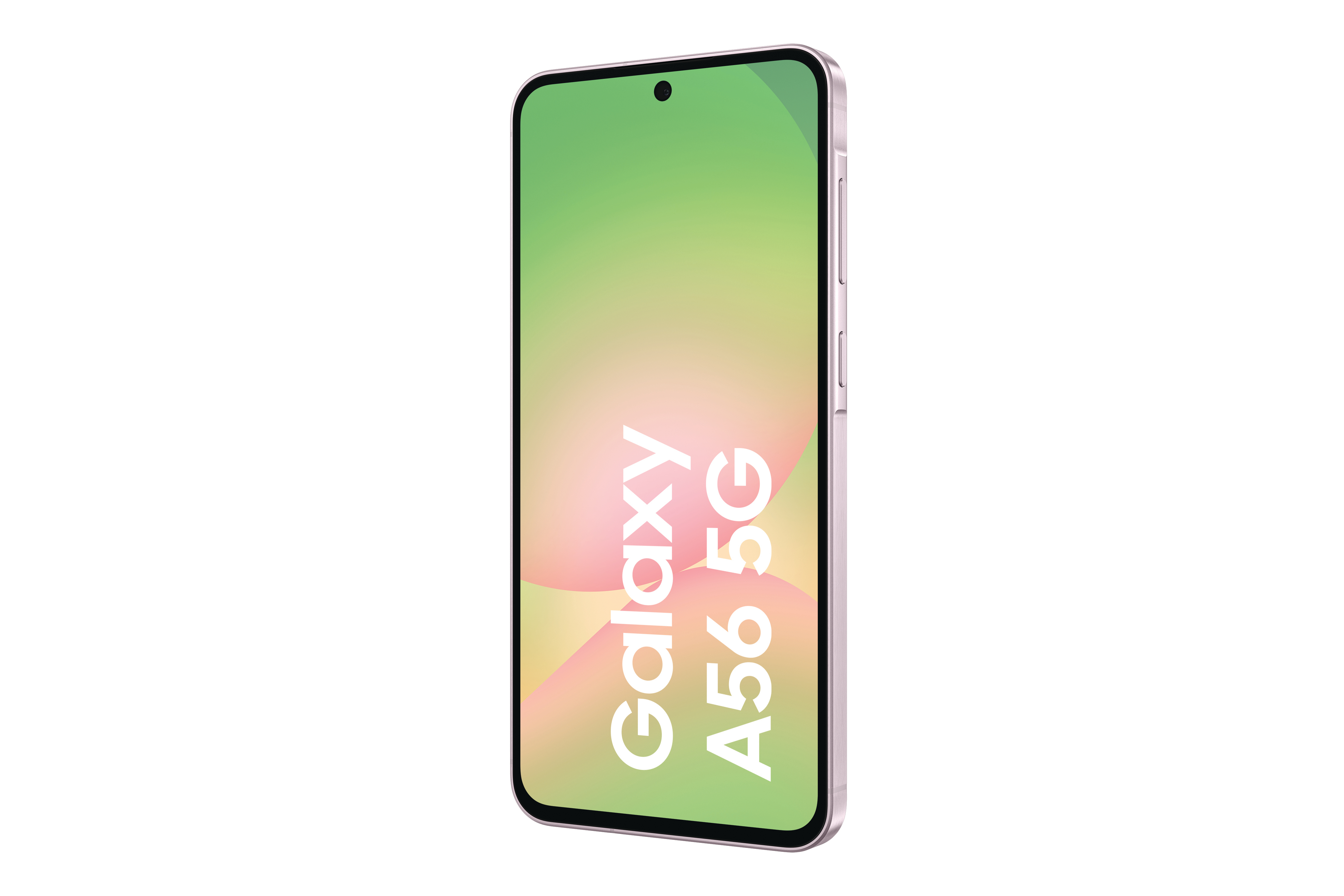 Rosa Telefon mit Bildschirm mit 'Galaxy A56 5G'.