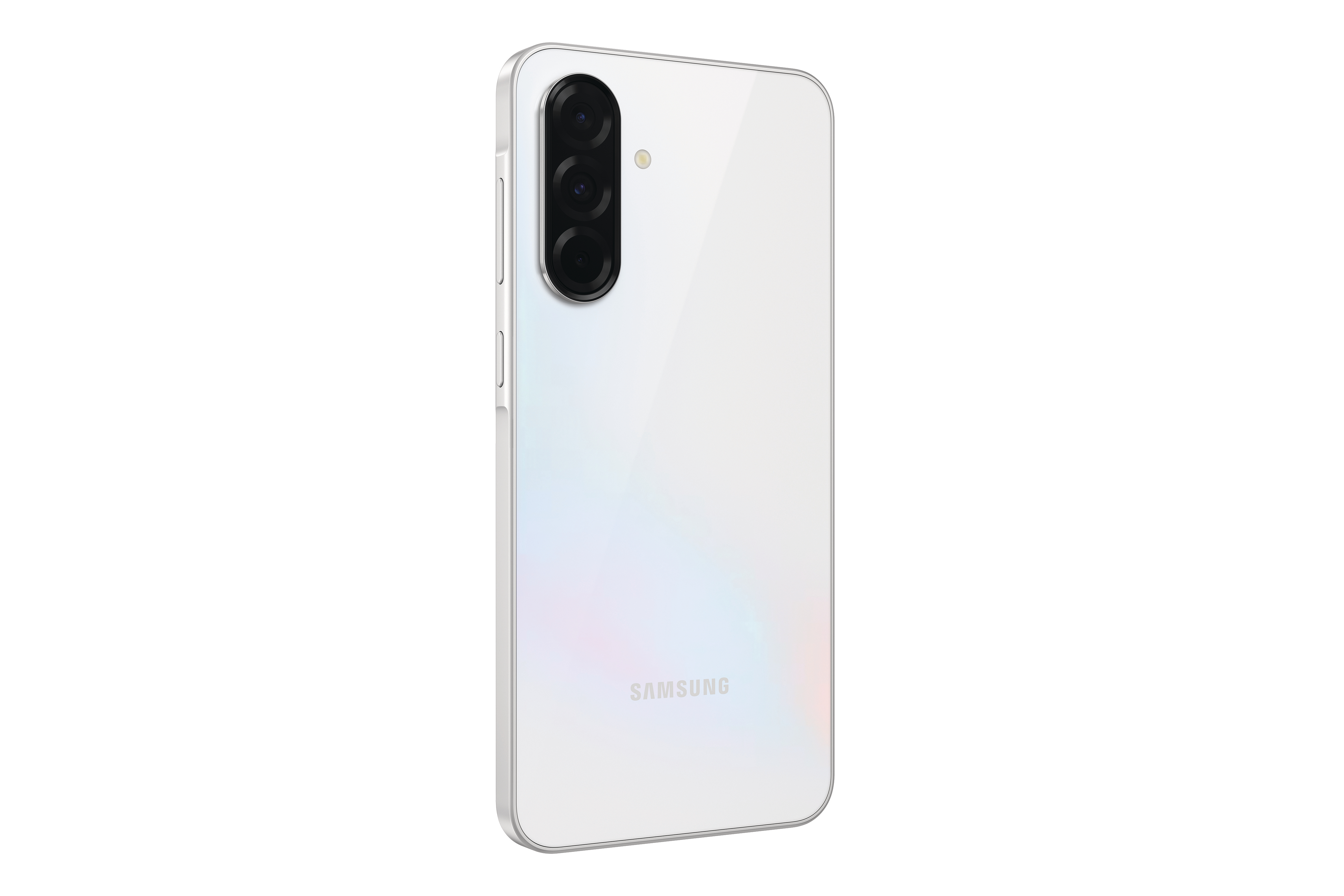 Ein weißes Samsung-Smartphone, Rückansicht, mit mehreren Kameralinsen, auf weißem Hintergrund.