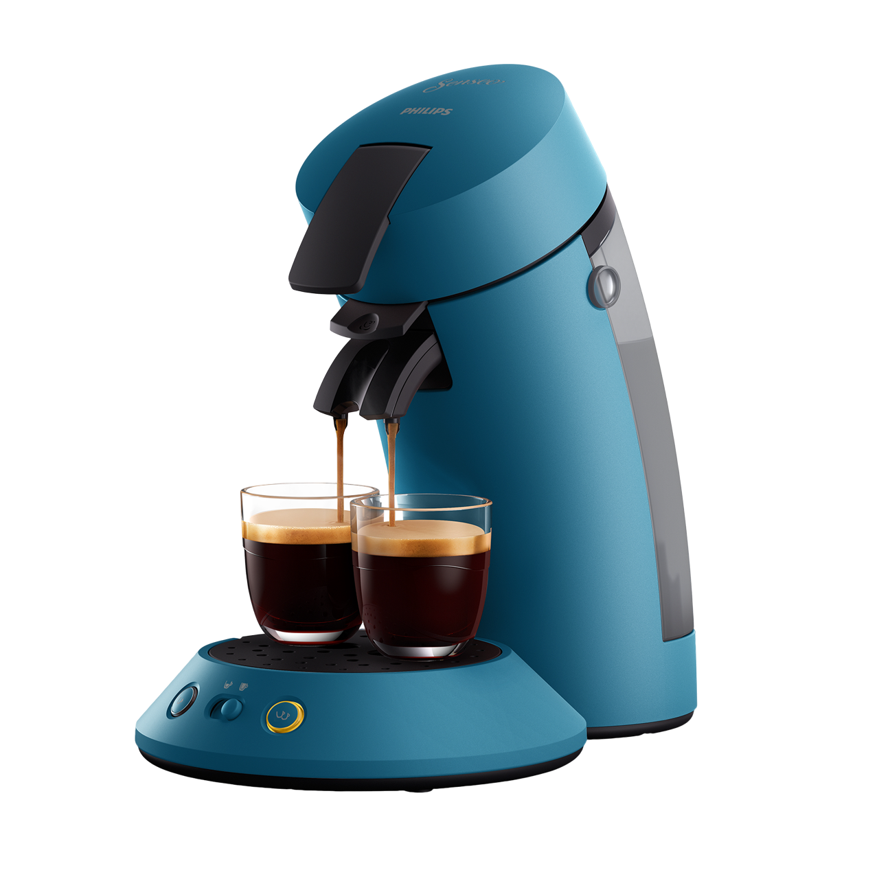 Blaue Philips Senseo Kaffeemaschine. Zwei Gläser sind mit Kaffee gefüllt. Schwarzer Hintergrund.