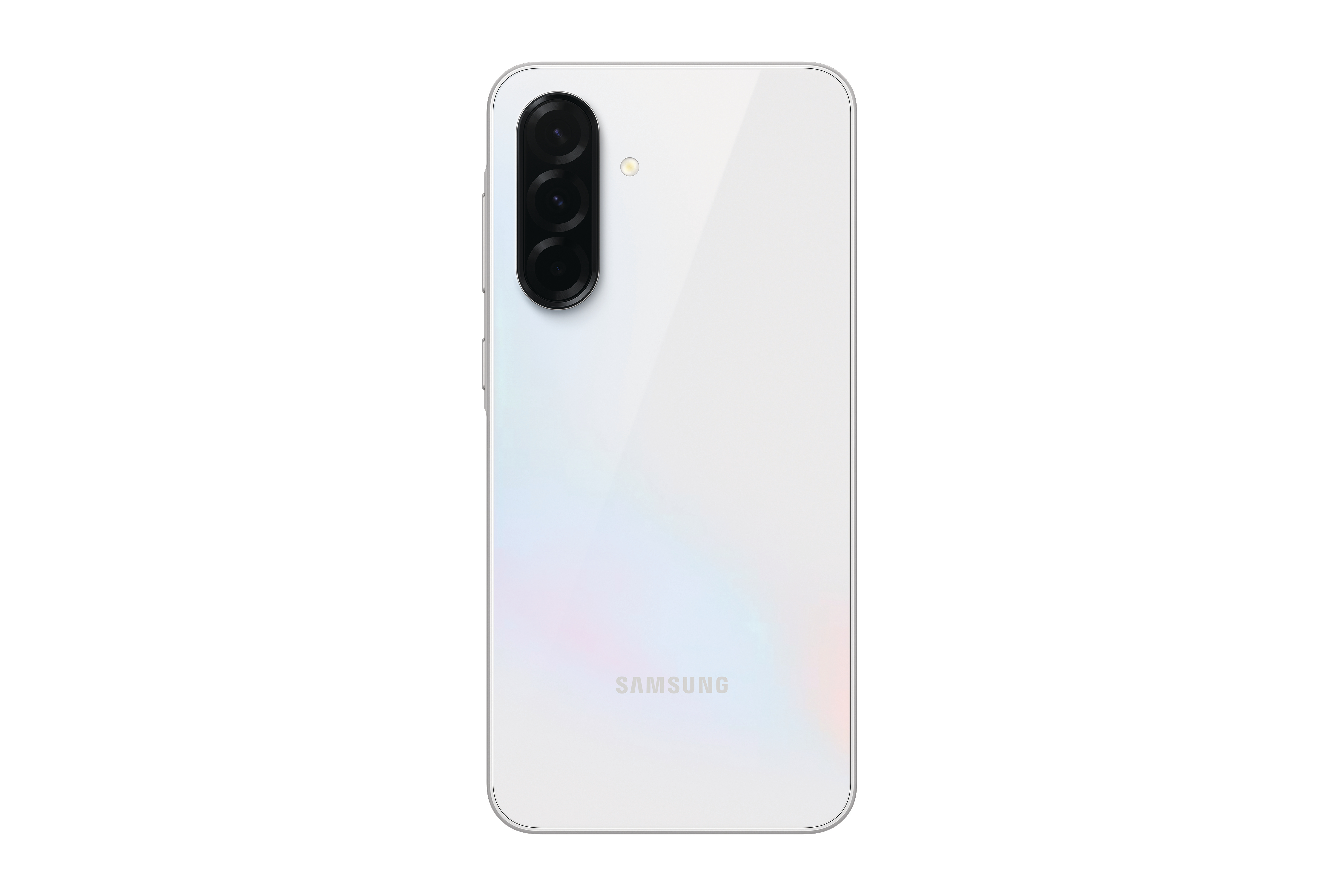 Rückseite eines weißen Samsung-Smartphones. Es hat drei Kameras und das Samsung-Logo.