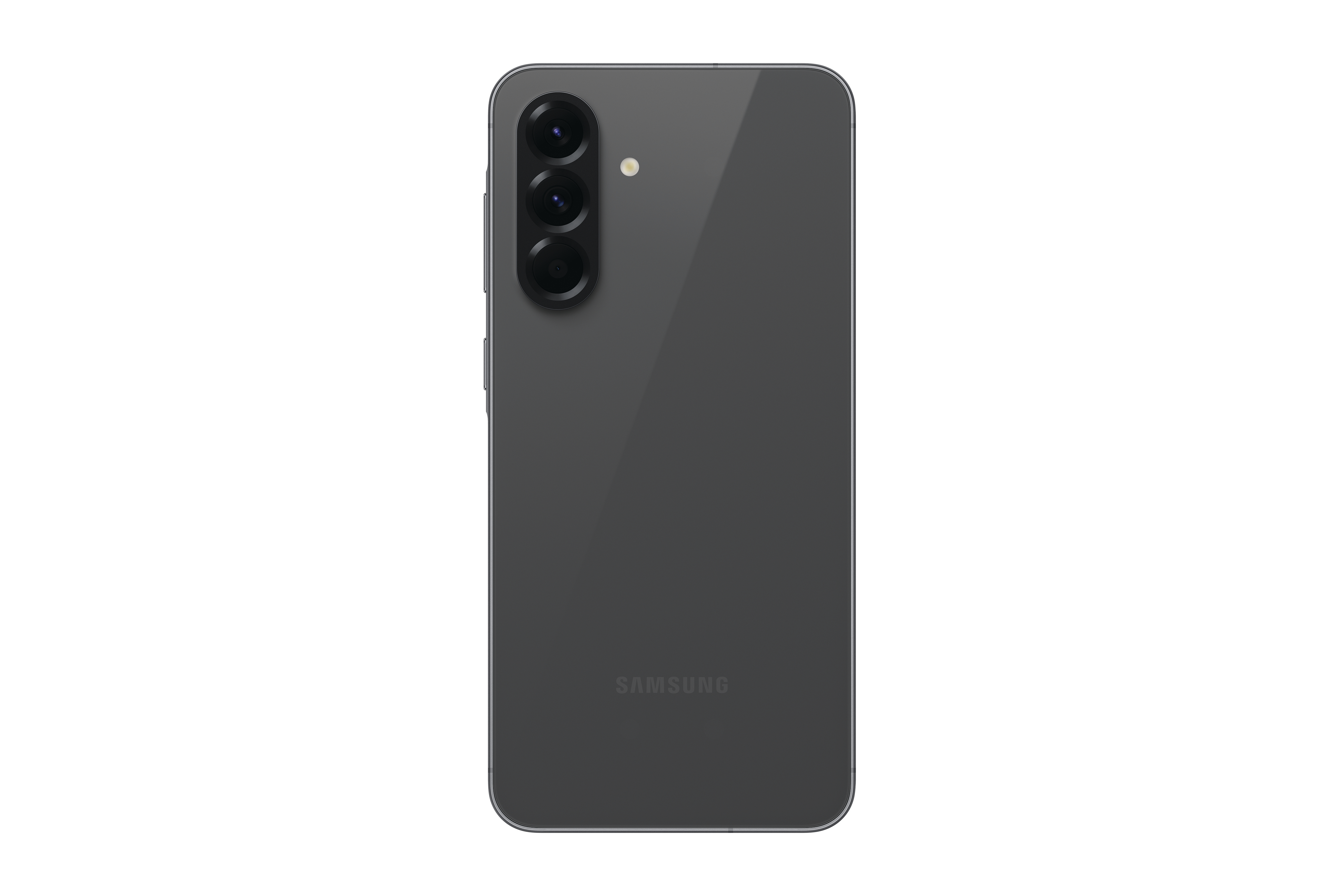 Die Rückseite eines dunkelgrauen Smartphones mit drei Kameras und Samsung Logo.