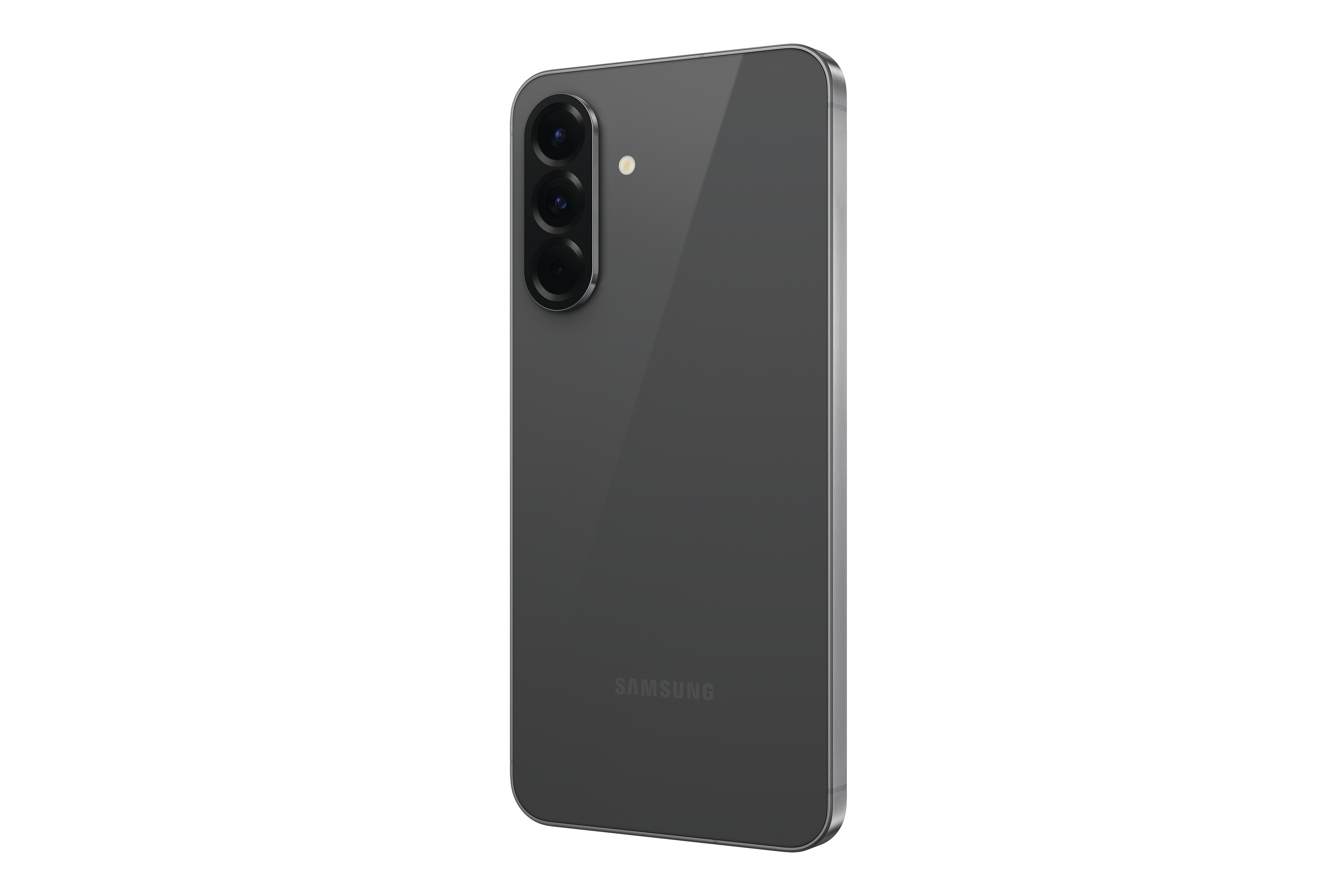 Graues Smartphone, Rückansicht, mit drei Kameras und dem Samsung-Logo.