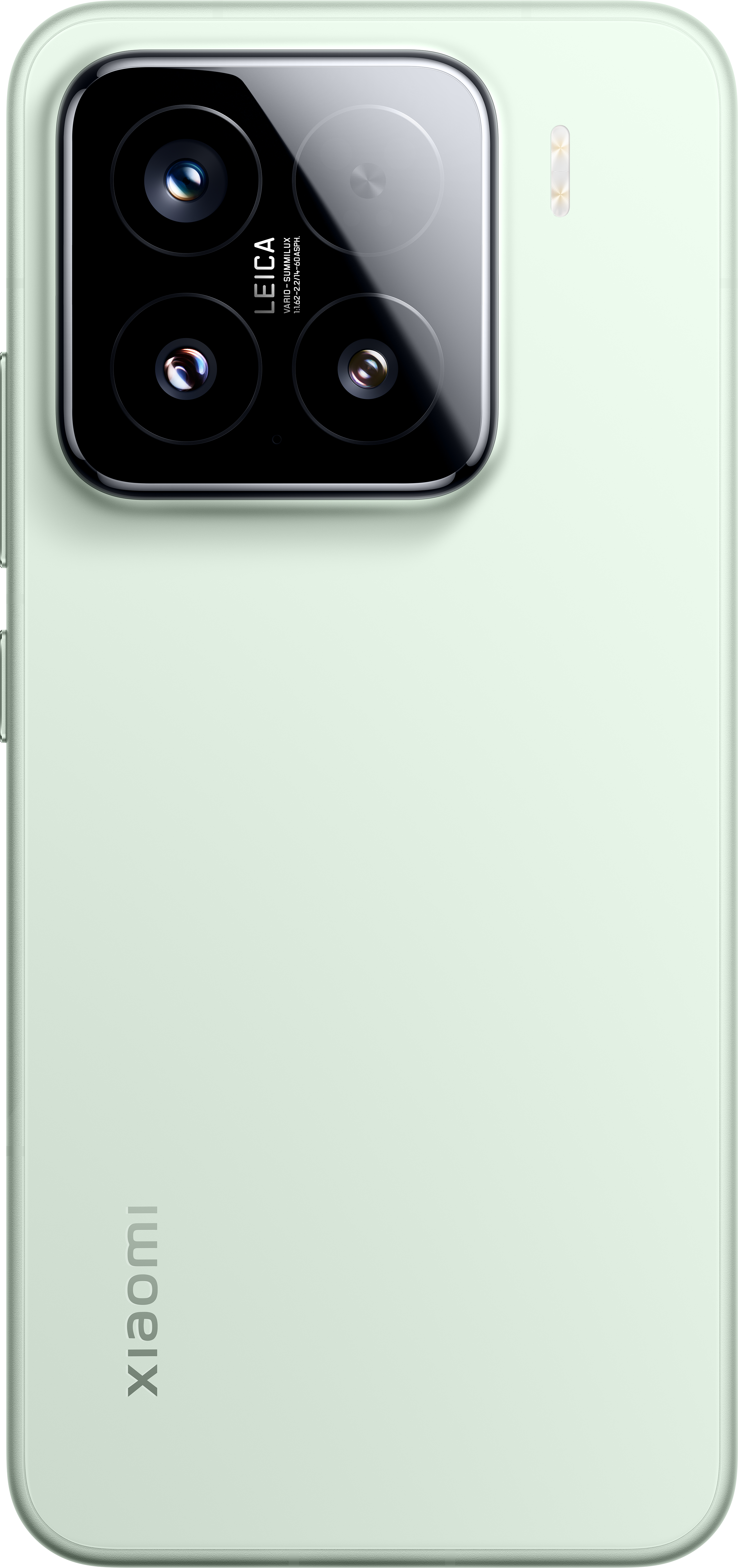 Die Rückseite eines mintgrünen Xiaomi-Telefons mit Leica-Dreifachkamera und dem Xiaomi-Logo.