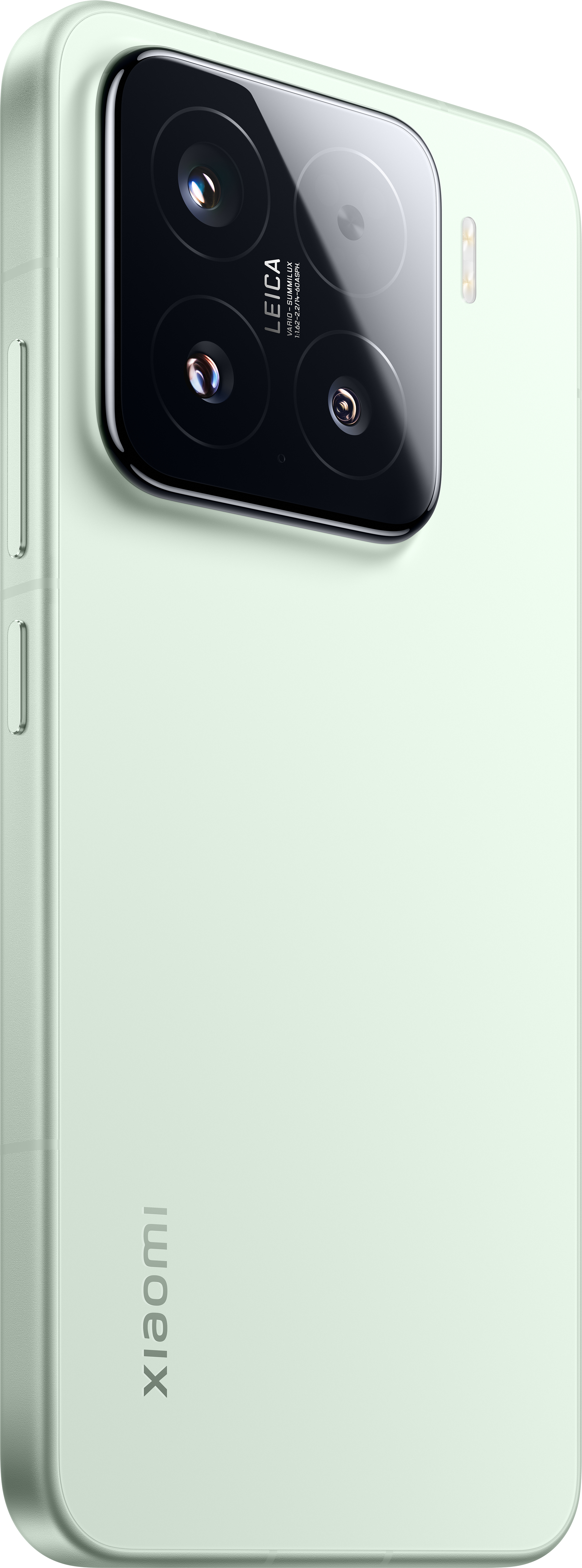 Hellgrünes Telefon mit großem Kamera-Array. Leica-Objektiv ist sichtbar. Das Telefon ist zur Seite geneigt.