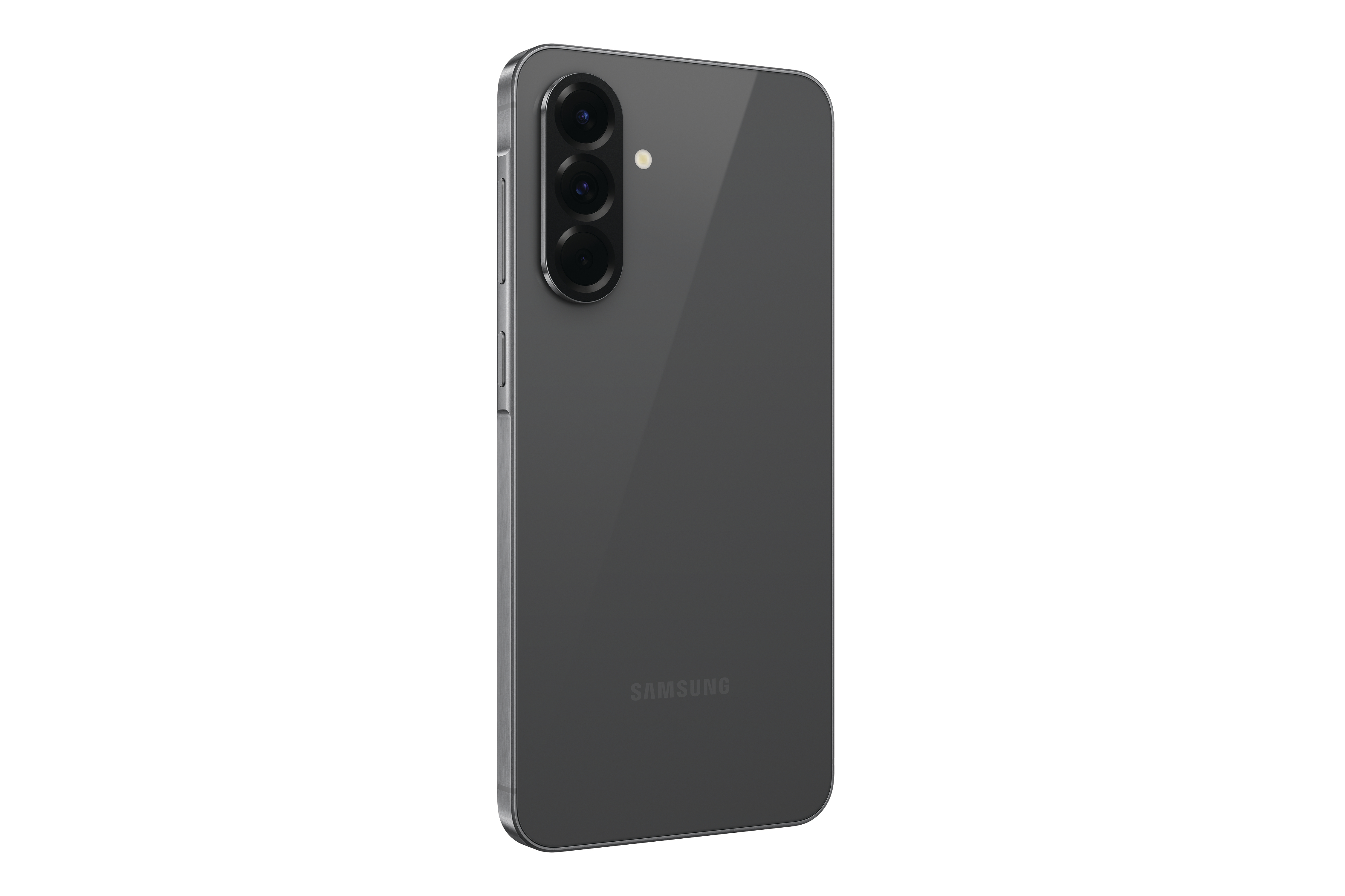Ein graues Smartphone mit drei Rückkameras, von hinten gesehen, auf einer weißen Oberfläche.