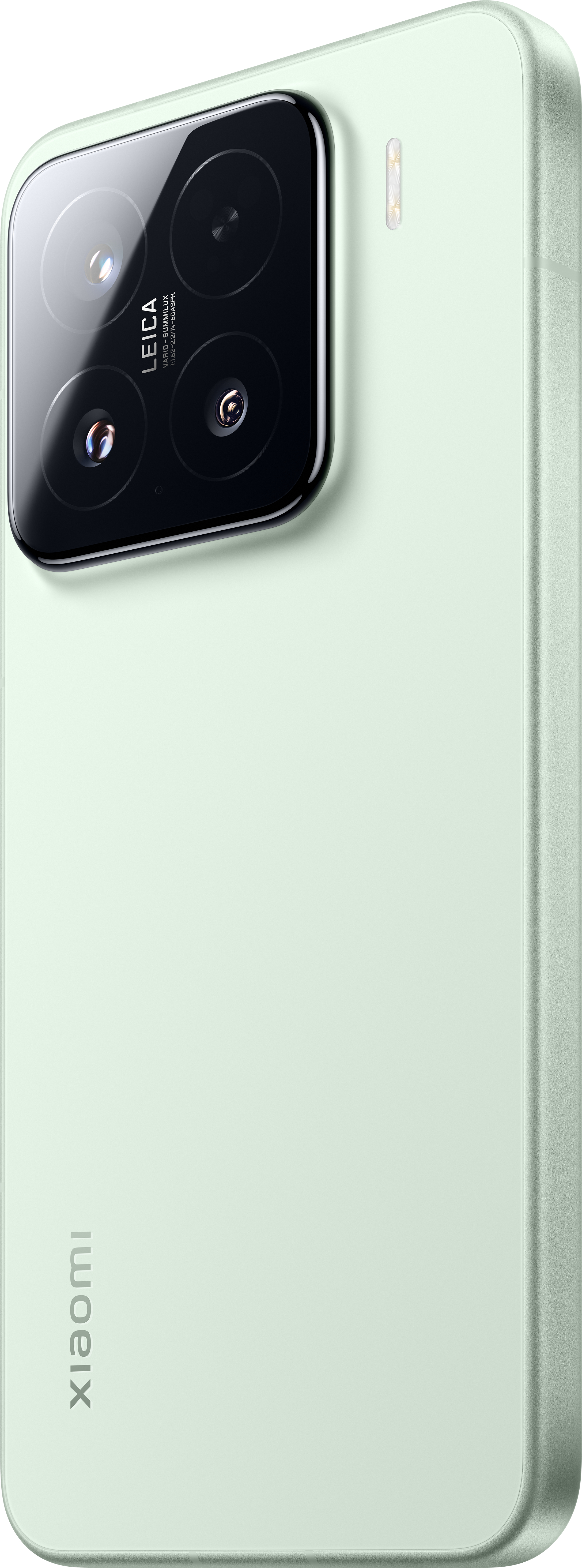 Hellgrünes Smartphone mit Leica-Kamera, Seitenansicht. Xiaomi-Logo unten.