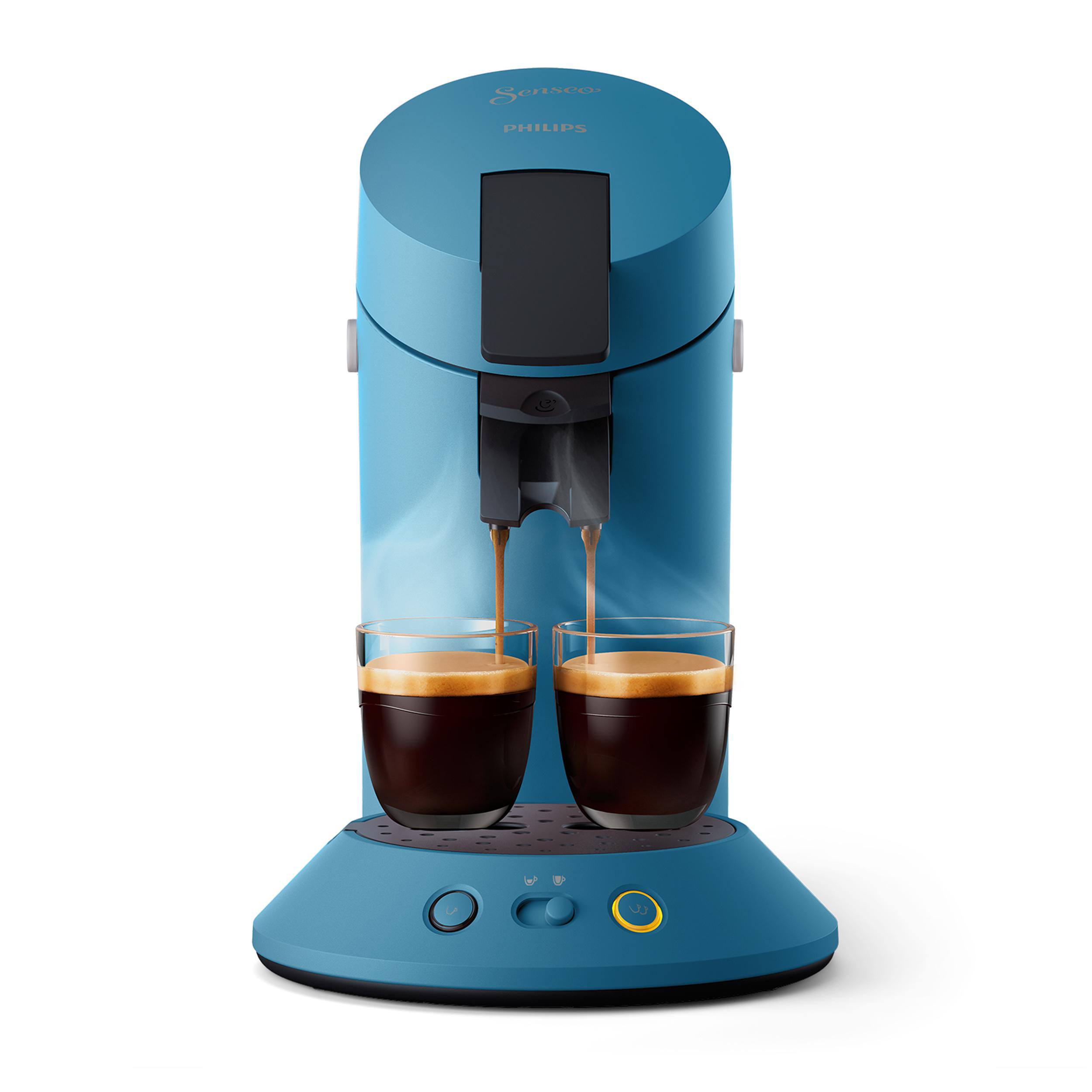 Blaue Kaffeemaschine, die Espresso in zwei Glasbecher ausgibt.