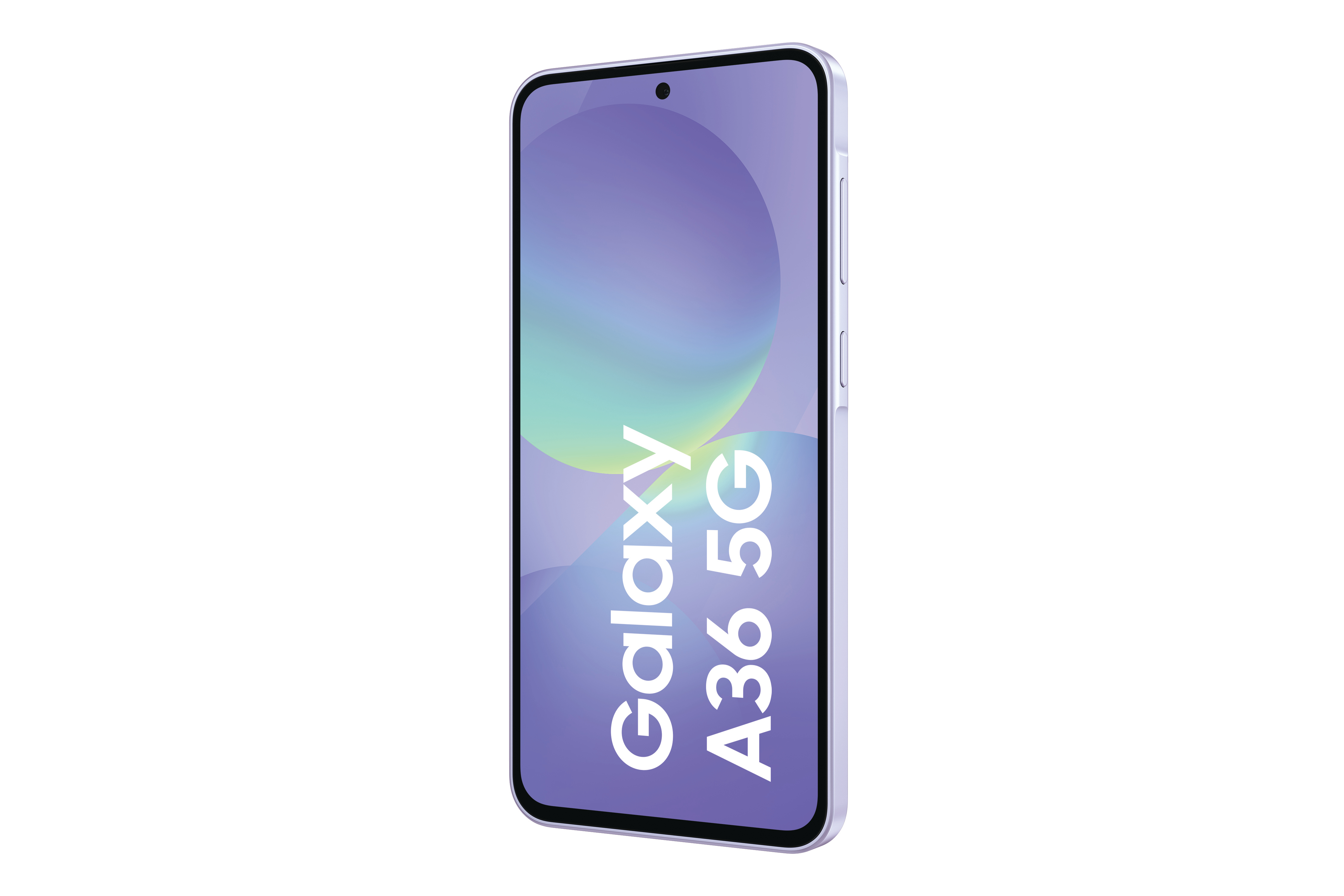 Lila Smartphone, Winkelansicht. Bildschirm zeigt 'Galaxy A36 5G' in weißem Text.