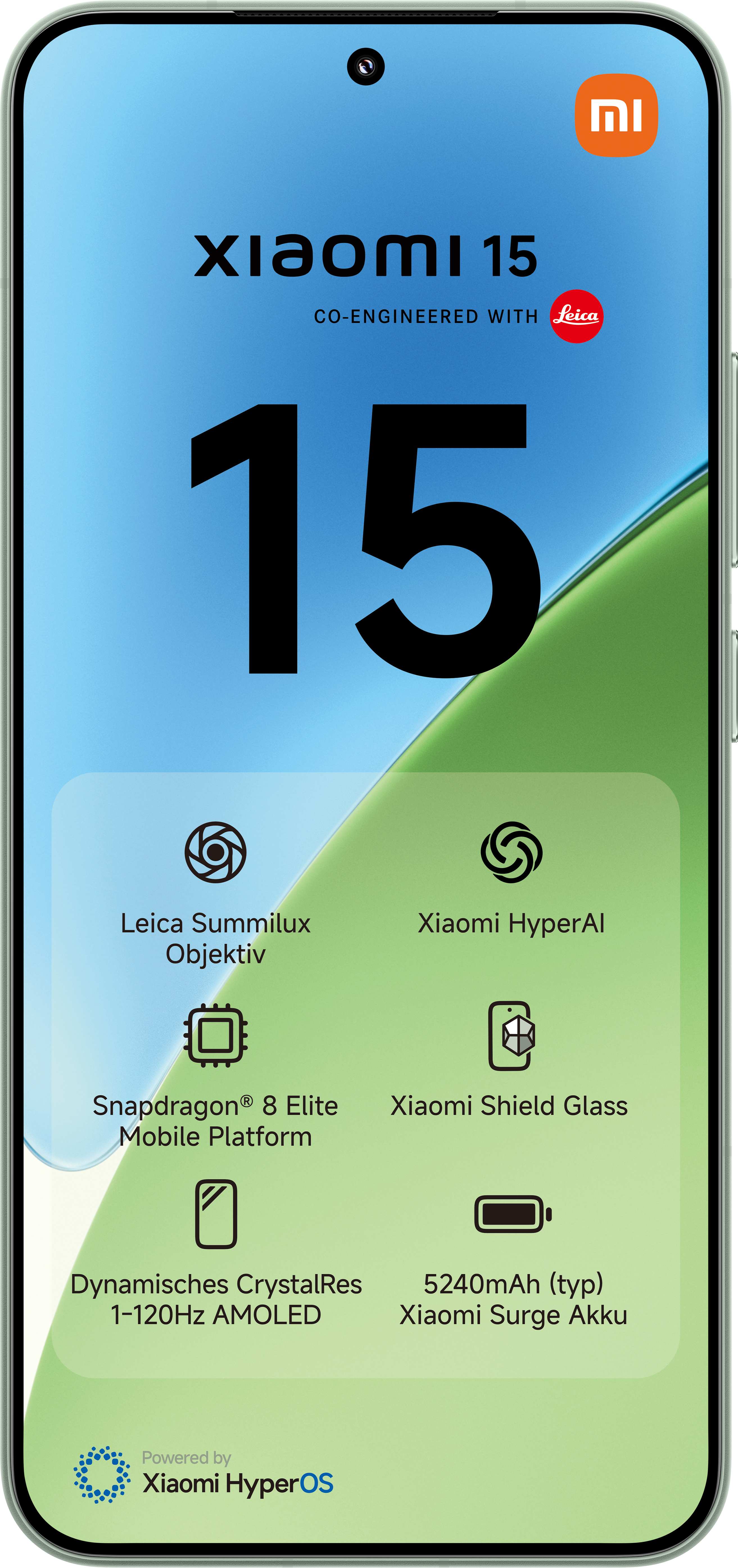 Ein Smartphone mit dem Xiaomi 15 Logo. Es hat einen grünen Rahmen und ein Display mit Spezifikationen.