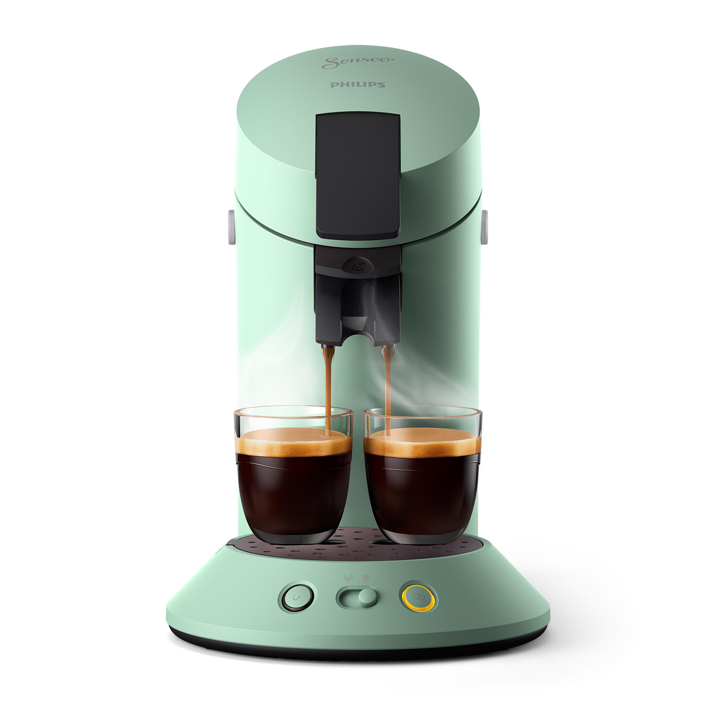 Minzgrüner Kaffeezubereiter mit zwei Gläsern, die mit Kaffee gefüllt werden.