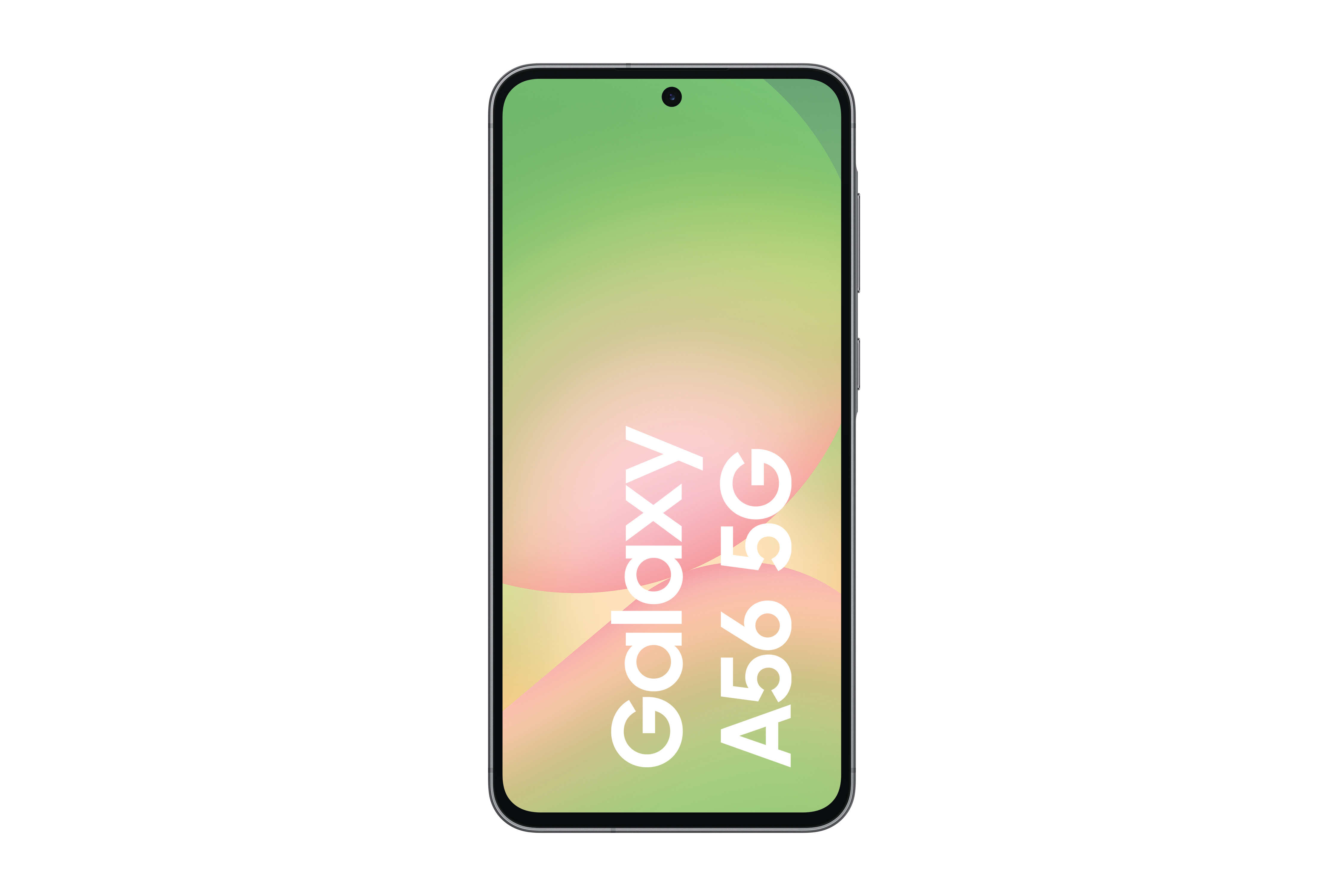 Smartphone mit grünem und weißem Bildschirm, Text 'Galaxy A56 5G'. Schwarzer Rahmen. Weißer Hintergrund.