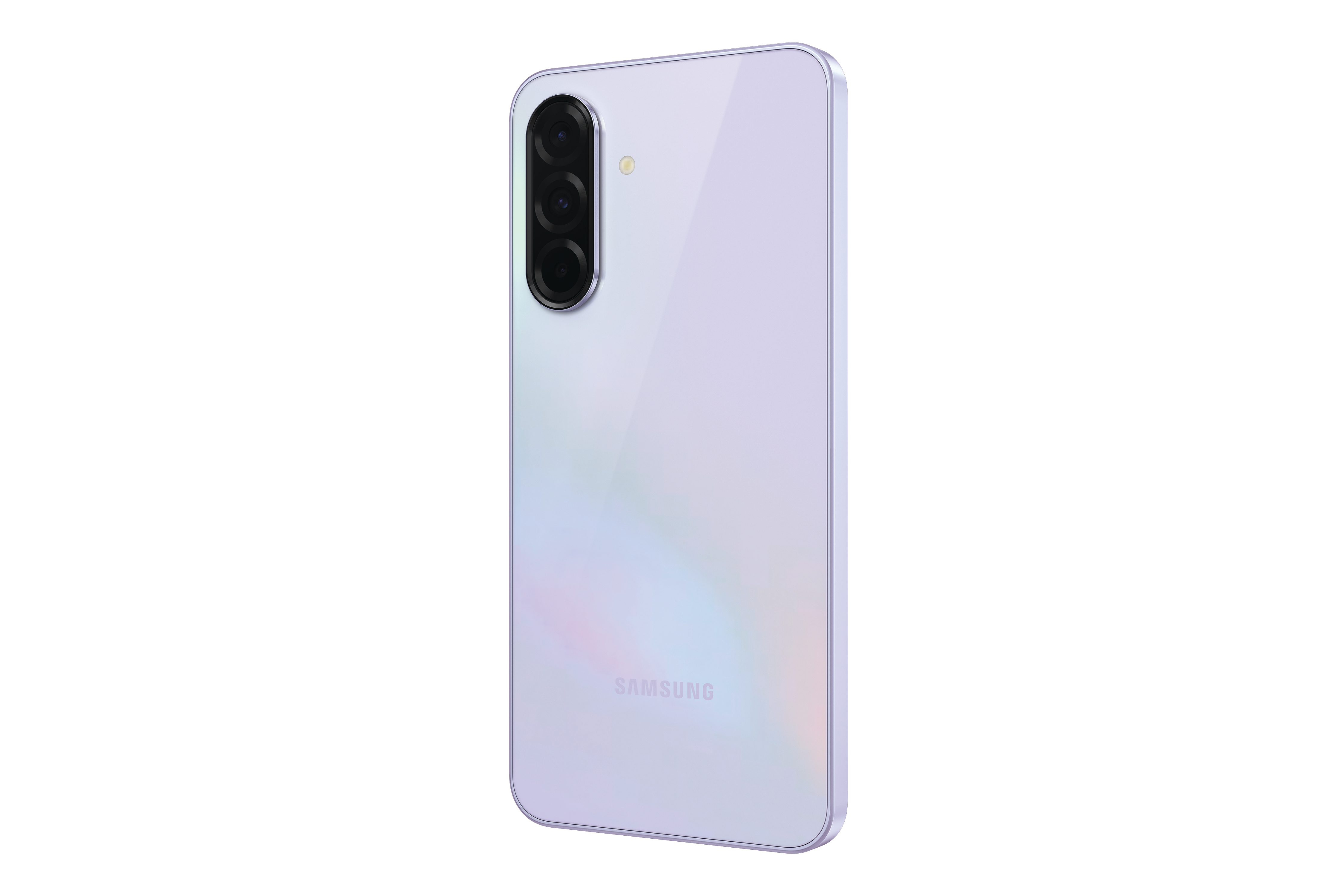 Lila Samsung Telefon mit Dreifachkamera, leicht angewinkelt.