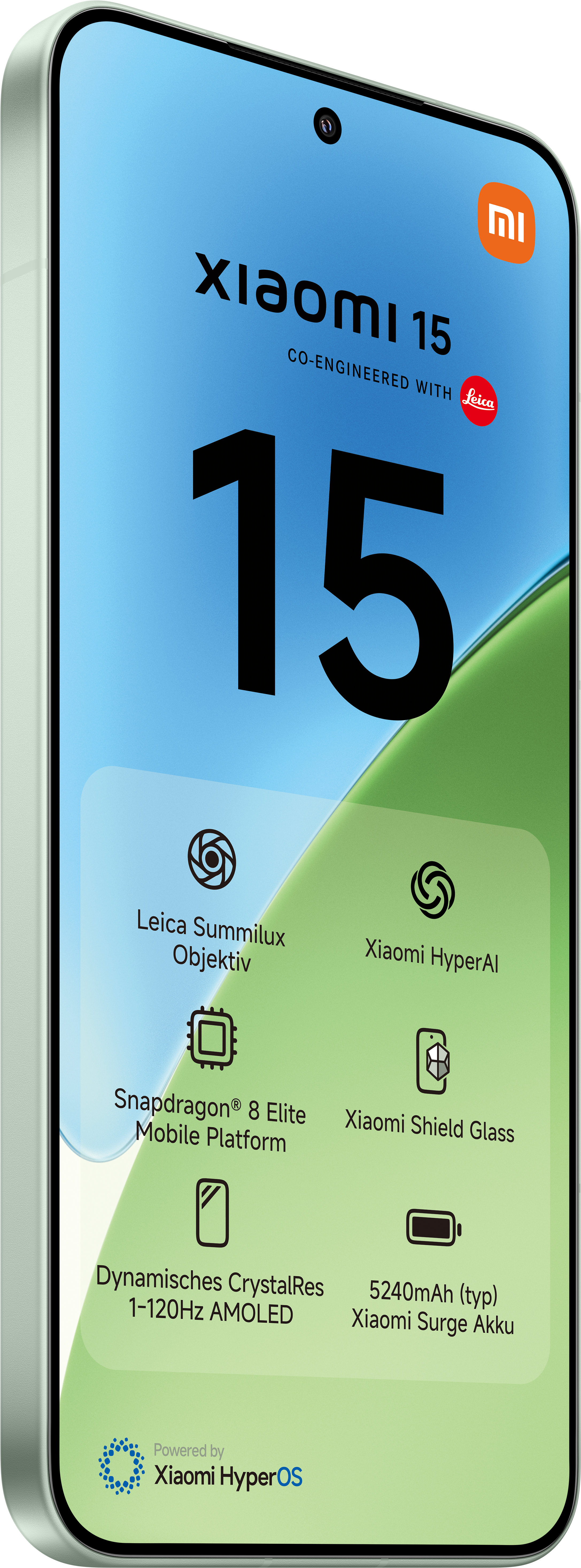 Grünes Smartphone mit großem Bildschirm, der Funktionen anzeigt. Text: Leica Summilux Objektiv, Snapdragon, AMOLED, Akku.