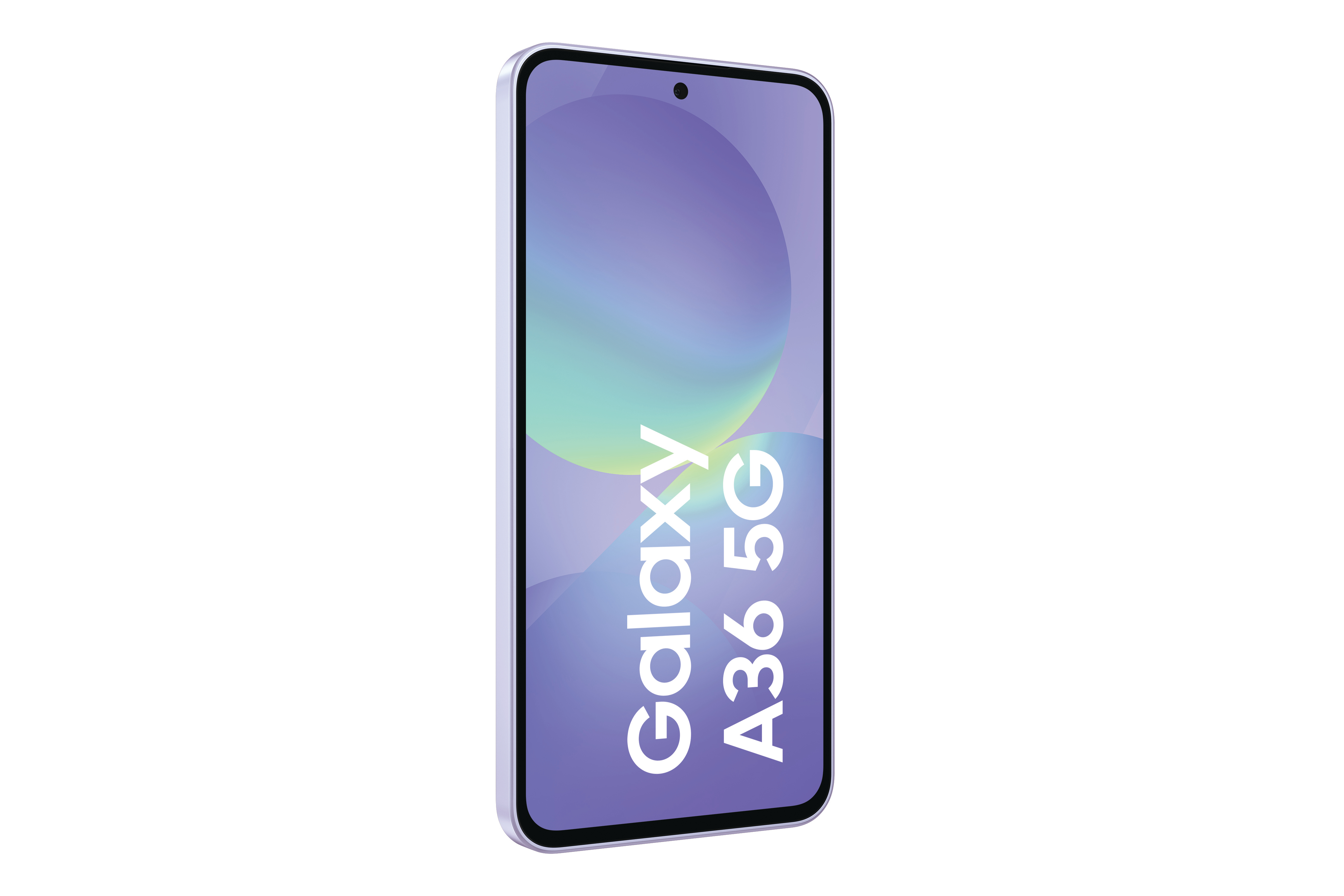 Lila Samsung Galaxy A36 5G Telefon, aufrecht, weißer Hintergrund, mit Bildschirmanzeige.