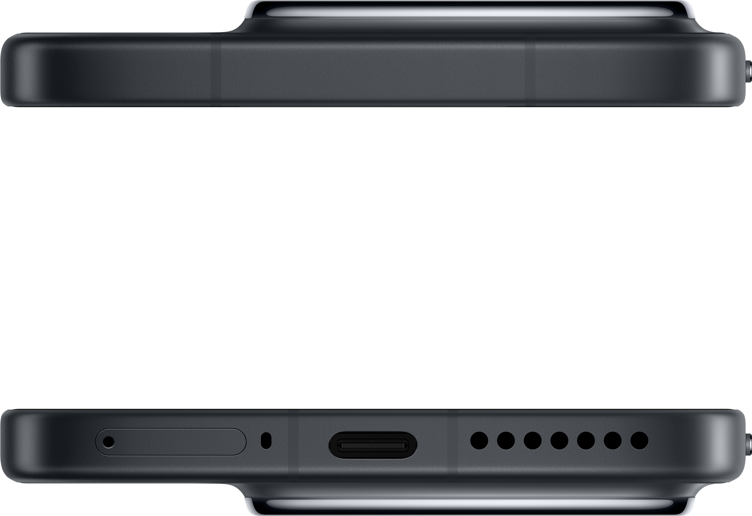 Oben- und Unteransicht eines dunkelgrauen Smartphones mit Ladeanschluss und Lautsprechern.