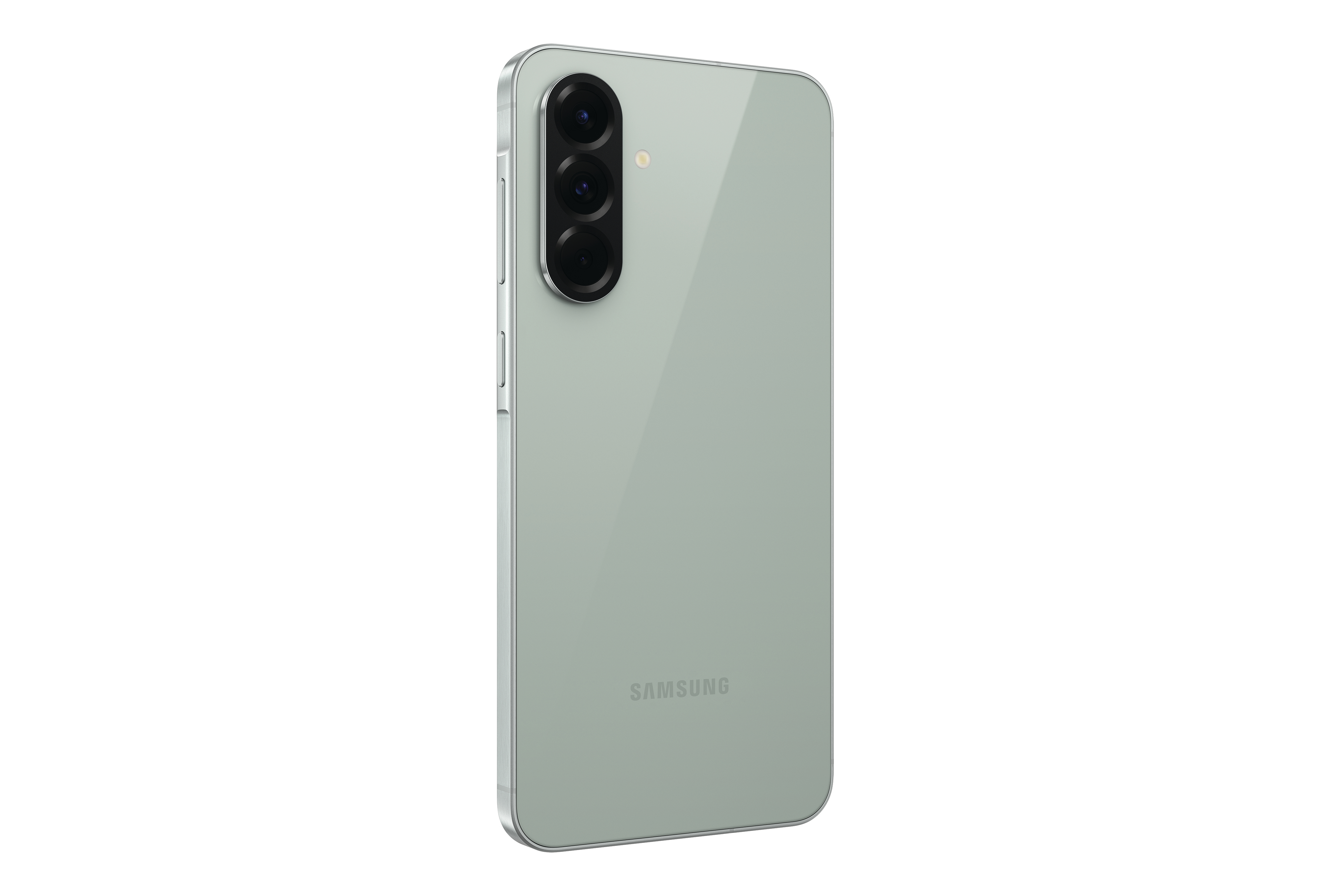 Ein grünes Samsung-Telefon von hinten, zeigt Kamera und Logo.