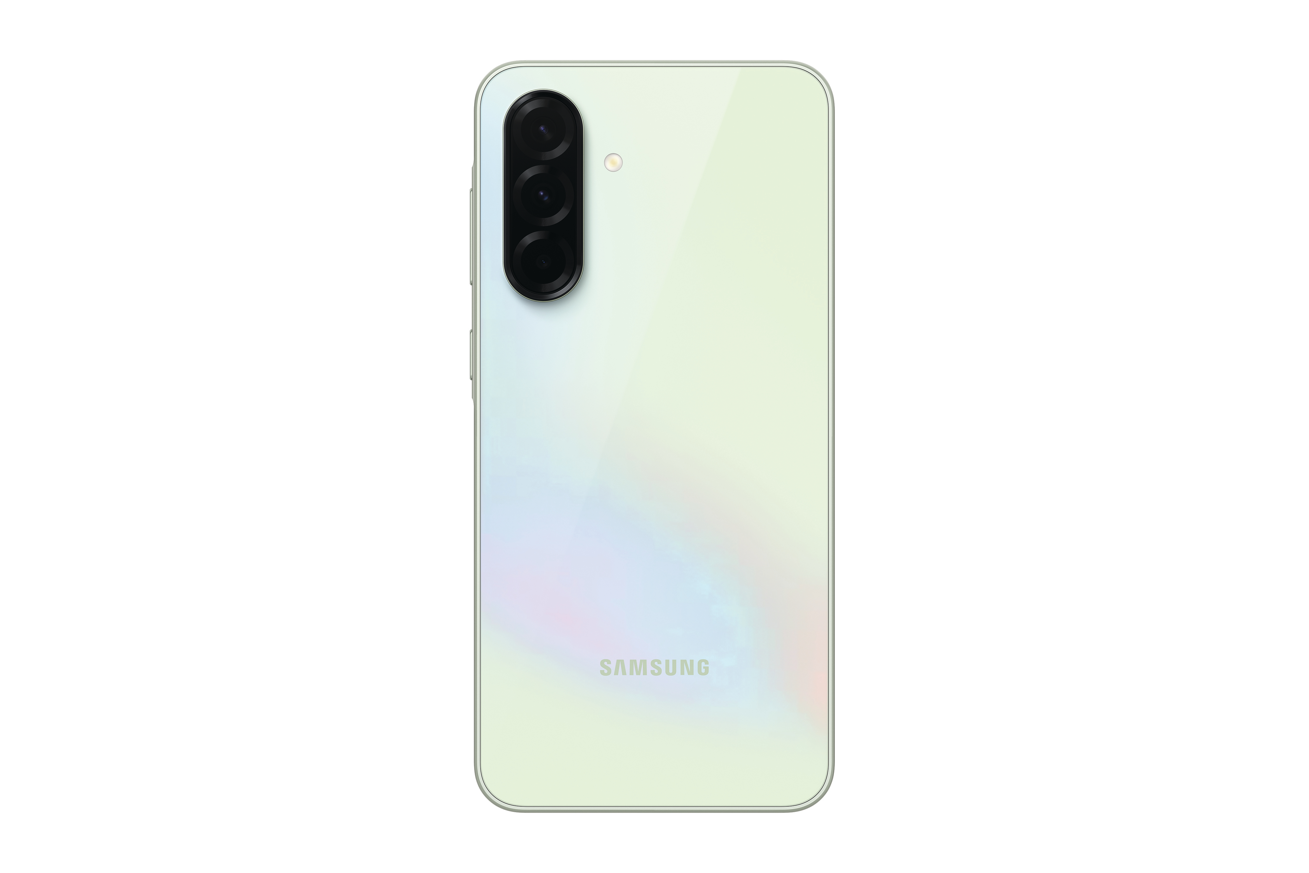 Ein hellgrünes Samsung-Telefon mit drei Rückkameras, Rückseite zum Betrachter.