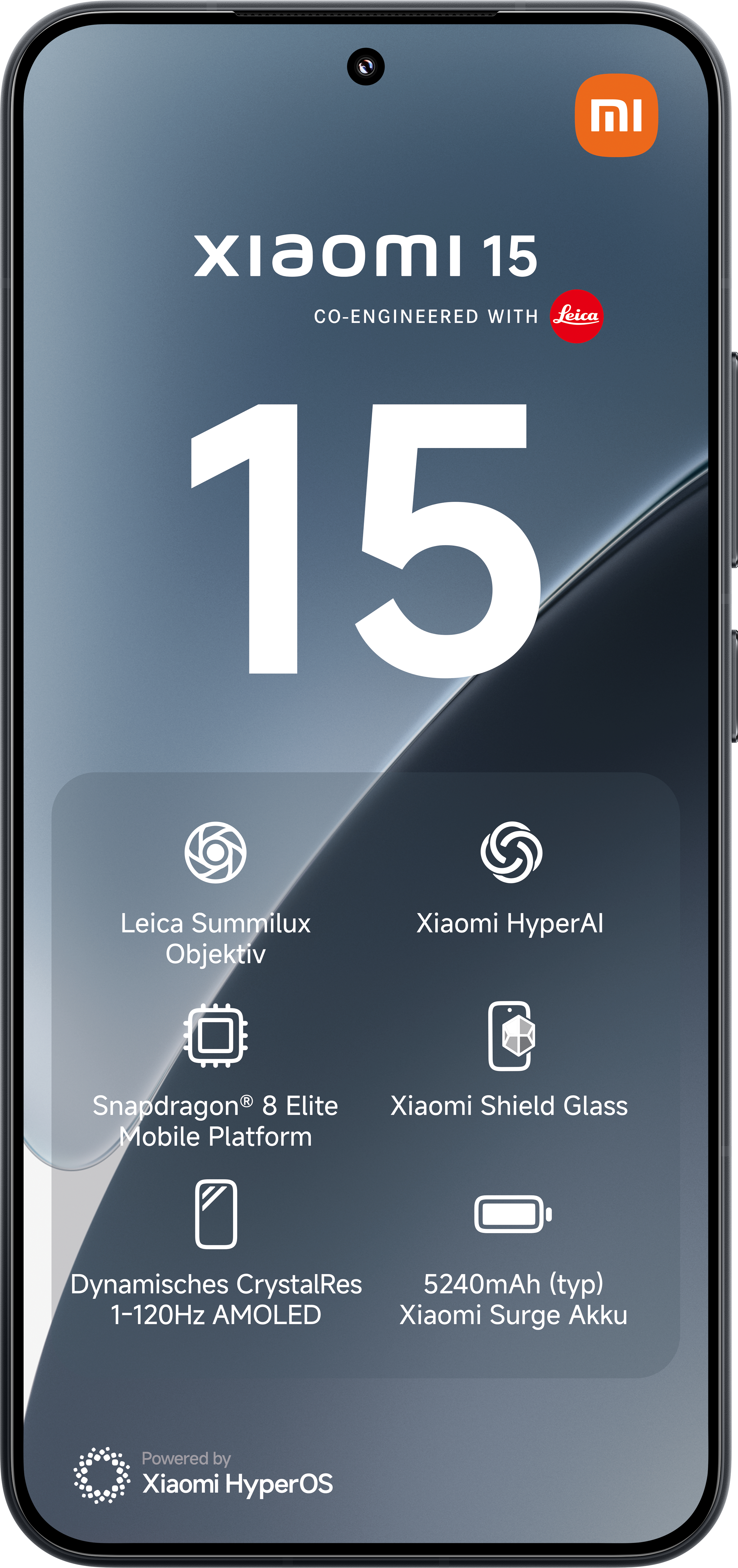 Ein schwarzes Xiaomi 15-Telefon, das seine Funktionen anzeigt.