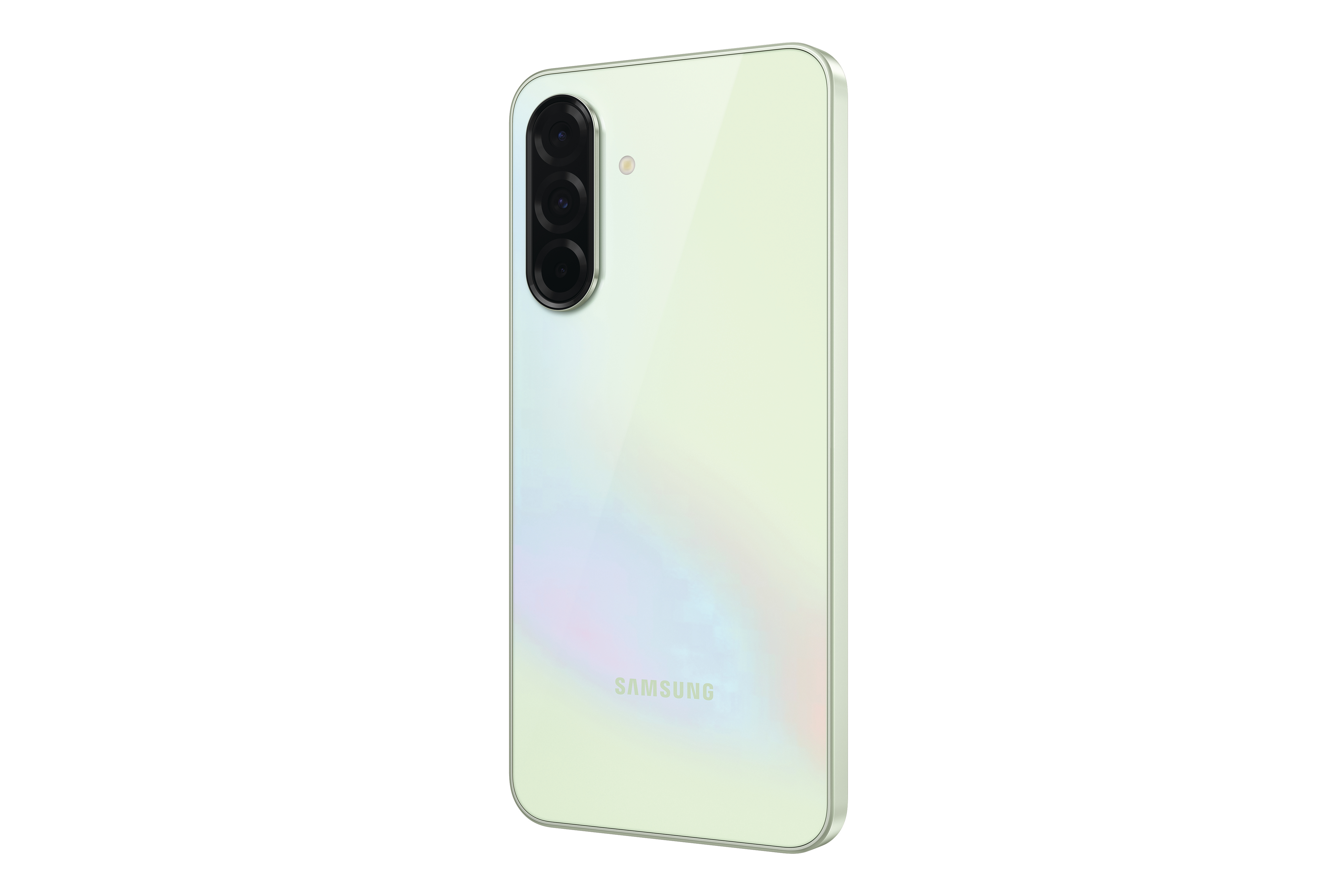 Rückseite eines hellgrünen Smartphones mit drei Kameras, weißer Hintergrund.
