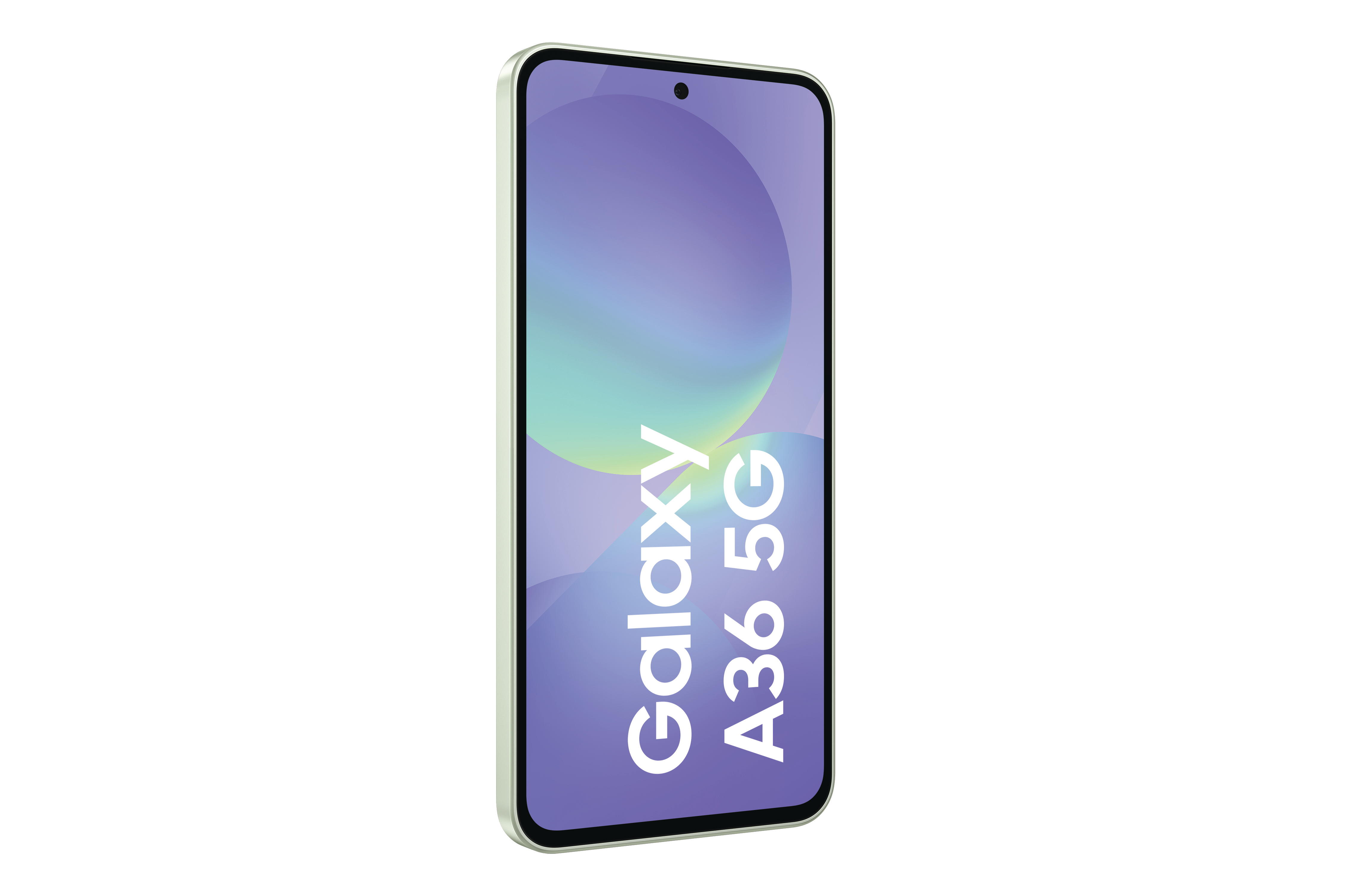 Grünes Telefon mit Galaxy A36 5G auf dem Bildschirm, lila und grüner Farbverlauf.