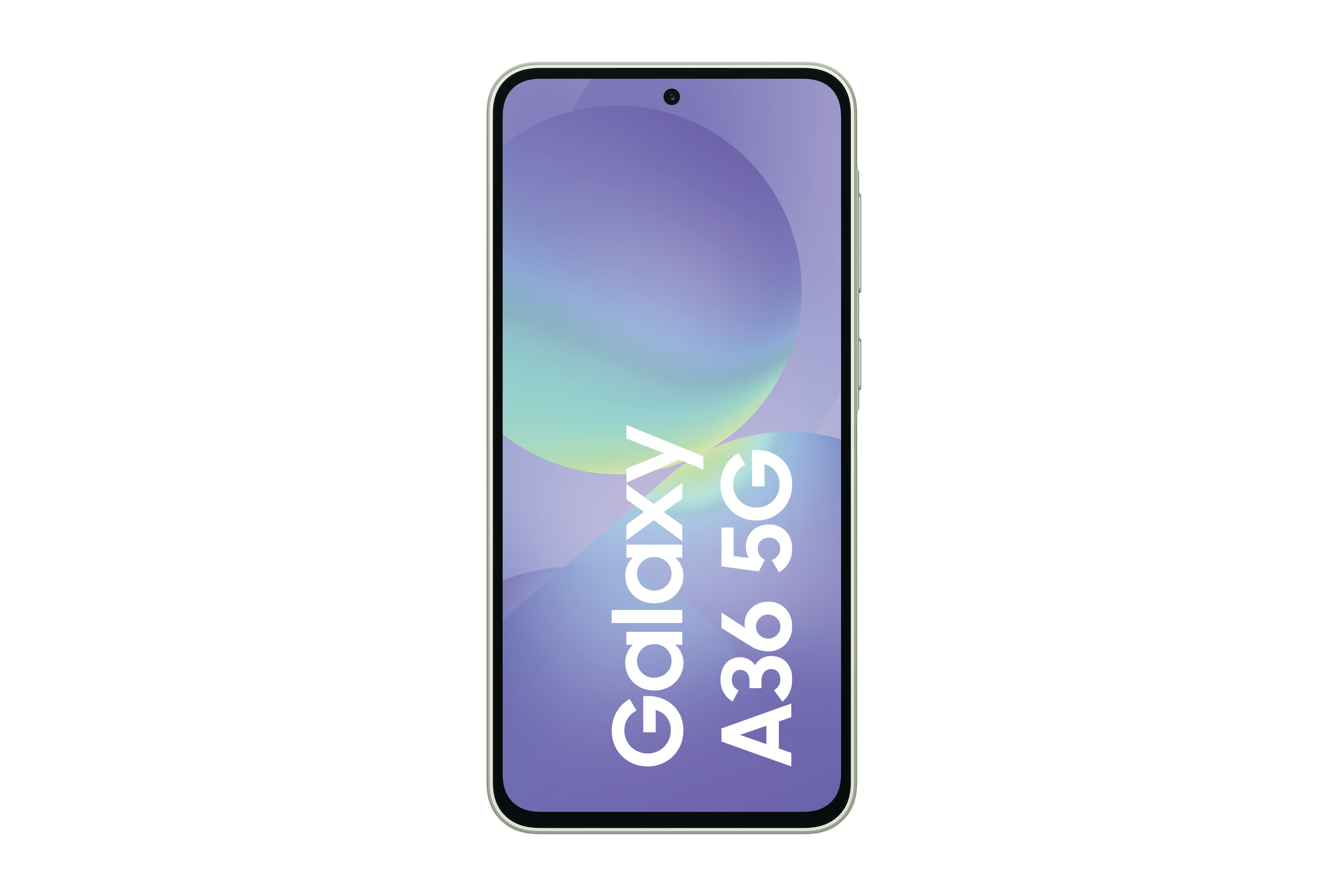 Smartphone mit grünem Rahmen, zeigt einen lila und blauen Farbverlauf mit dem Text "Galaxy A36 5G".