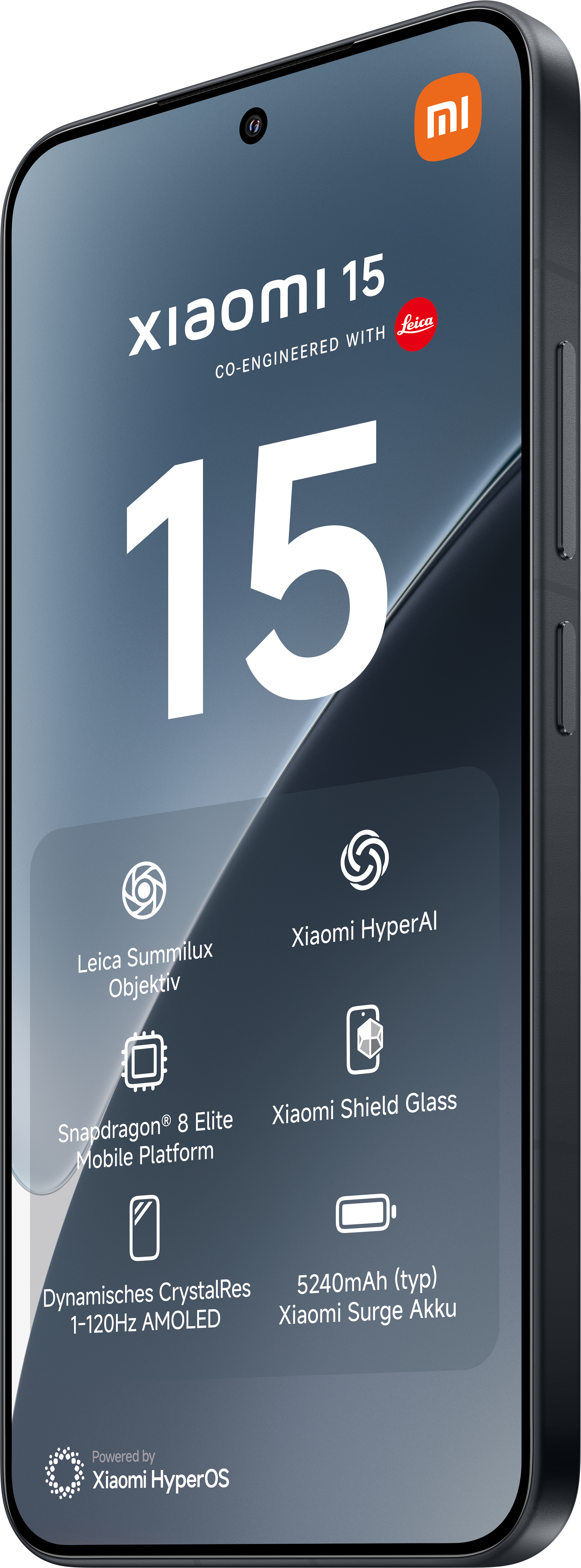 Ein schwarzes Telefon mit einem Bildschirm, der Text und Symbole anzeigt, mit orangefarbenem Branding.