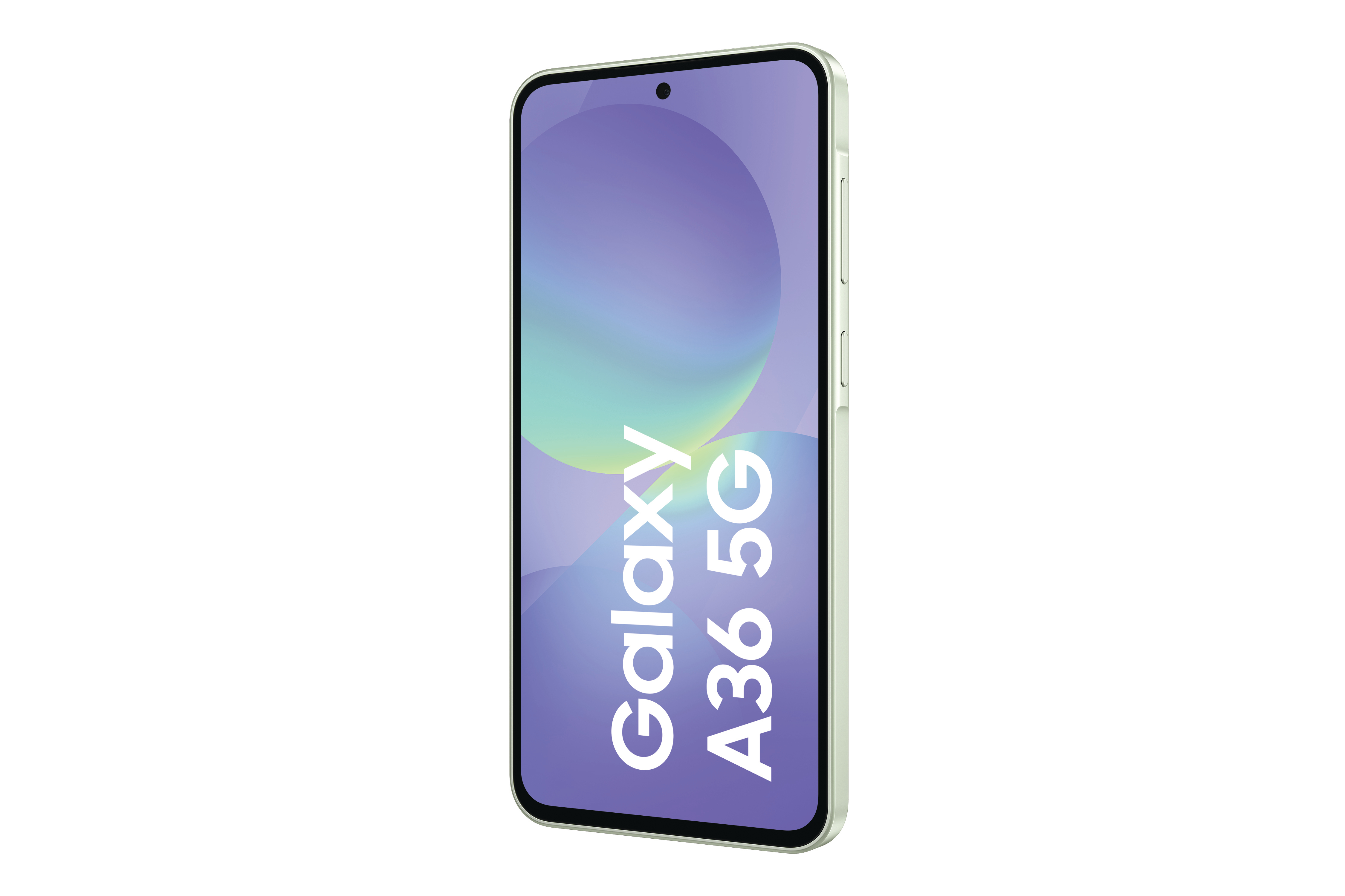 Grünes Smartphone mit Bildschirm, der ein lila-grünes Design mit Text zeigt.
